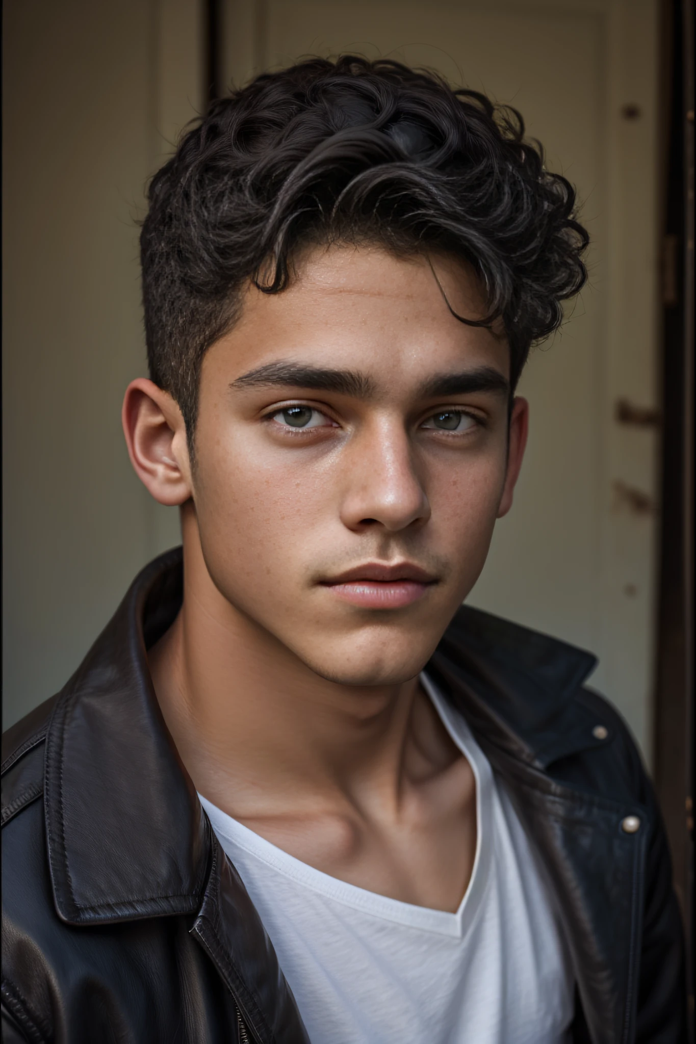 <lora:Alejandro_GV:1> 1boy, short black hair, dark brown eyes, olive skintone, 18 yrs old, twink, leather jacket, white v-neck t-shirt