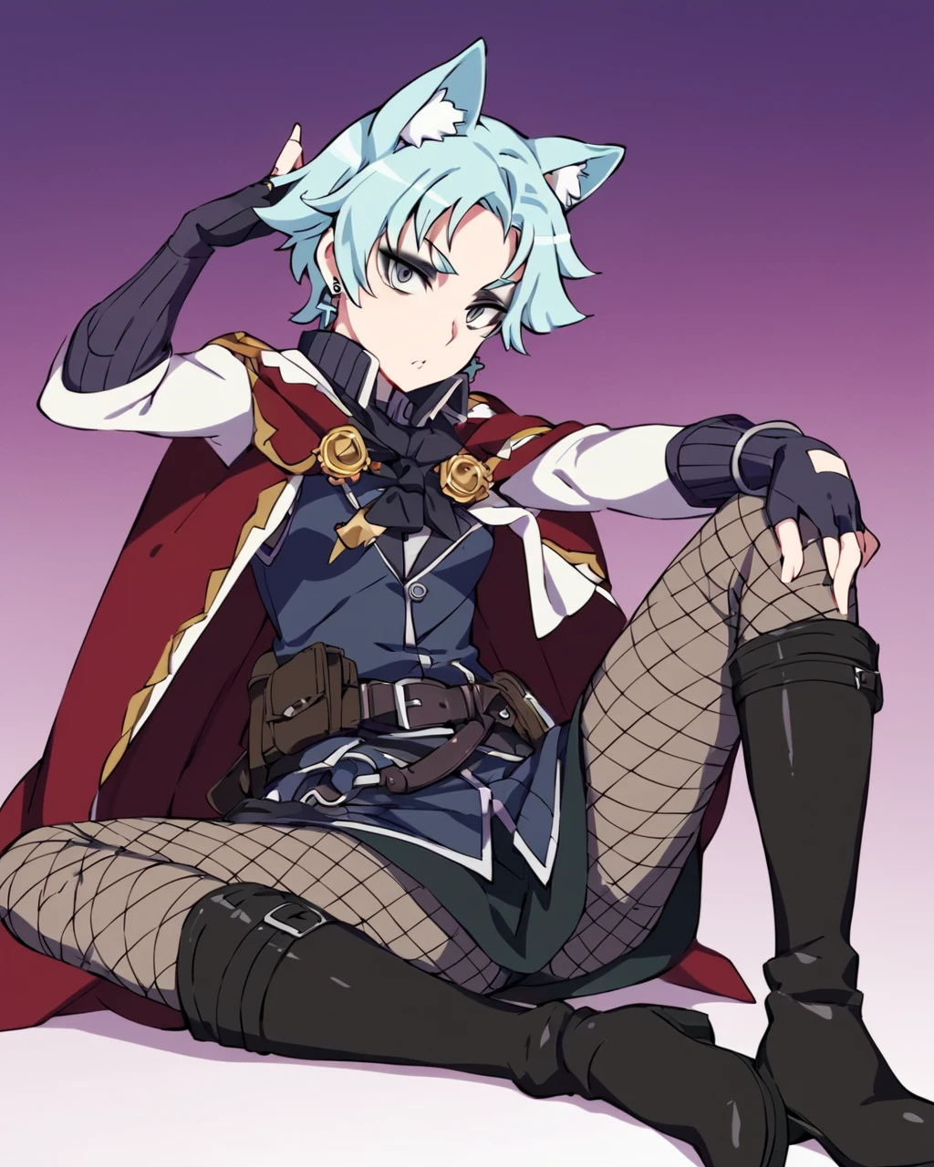 score_9, score_8_up, Atori Kuramine, animal ears, 1girl, solo, boots, pantyhose, fingerless gloves, short hair, gloves, light blue hair, earrings, boots, pantyhose, fingerless gloves, witch craft works, goth, black eyeshadow, fishnets,  <lora:Atori_Kuramine:0.7>