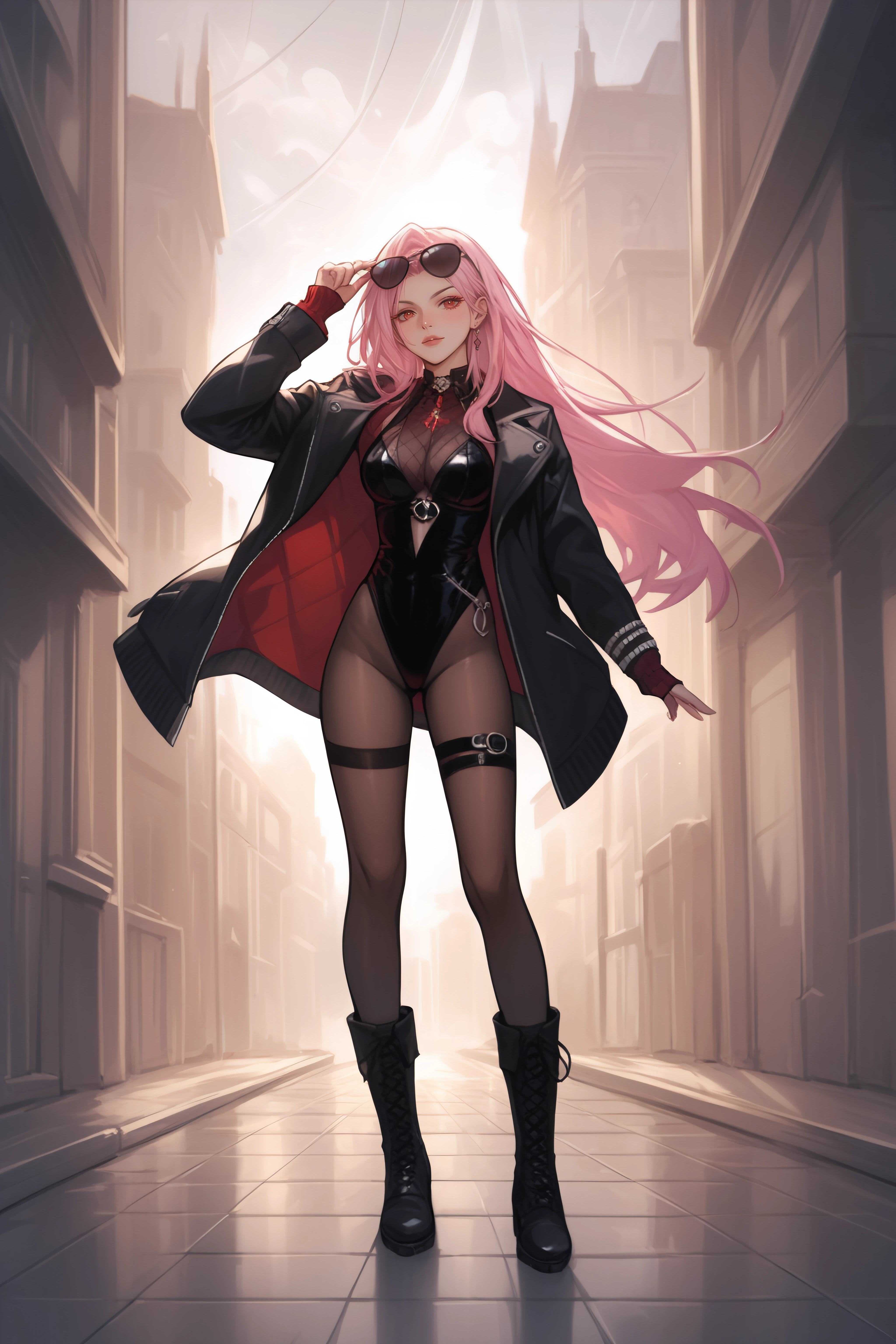 score_9, score_8_up, score_7_up, BREAK source_anime,  <lora:Spectre-PonyXL-lora-Faxtron:0.8> spectre, red eyes, pink hair, long hair, sunglasses, jacket, black leotard, black pantyhose, black boots,