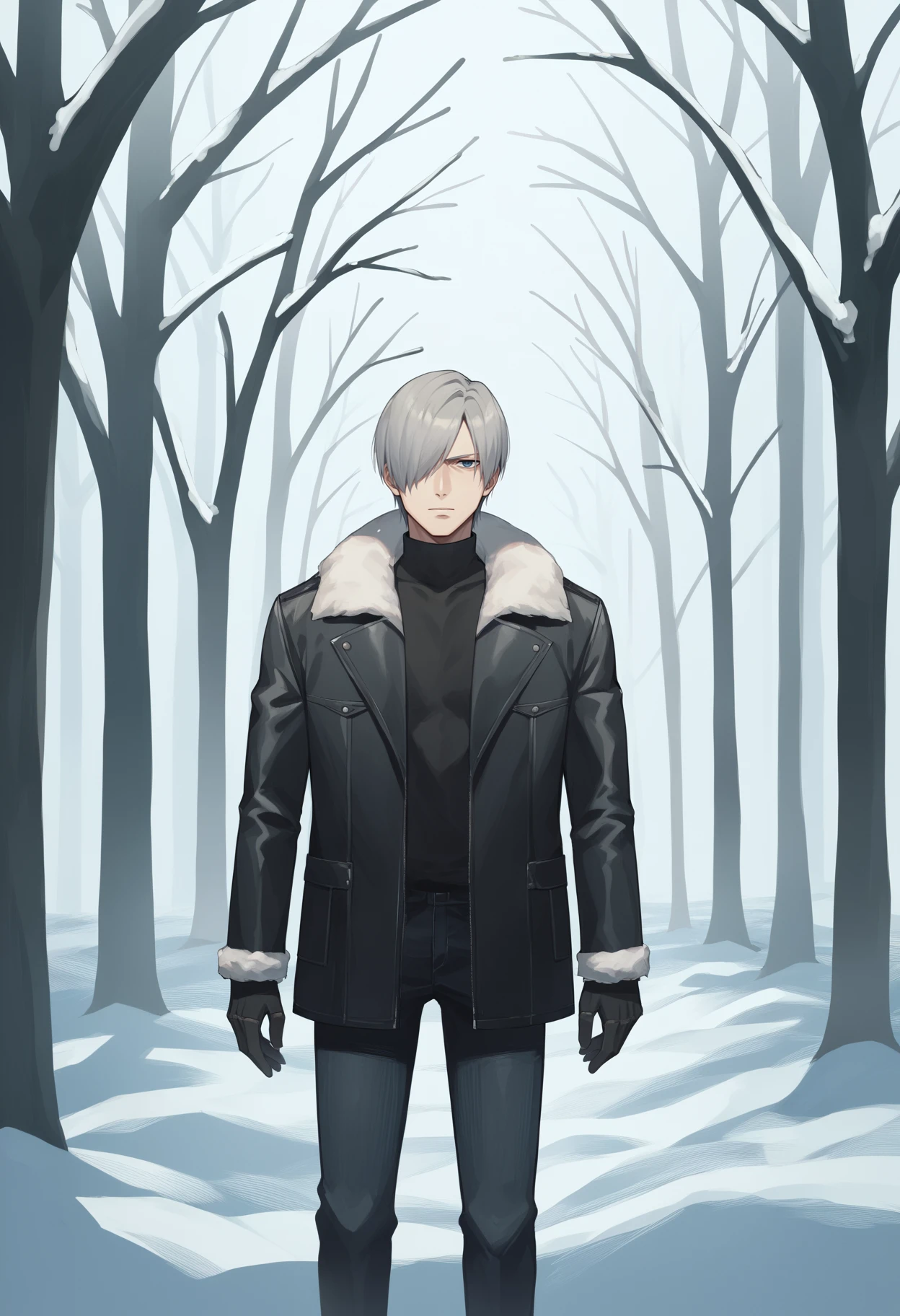 score_9, score_8_up, score_7_up, score_6_up, score_5_up, score_4_up, BREAK, source_anime,
1boy, leonkennedy, grey hair, short hair, hair over one eye, jacket, leather jack, fur trim,
outdoors, snow, trees, village background  <lora:LeonKennedyXL:1>