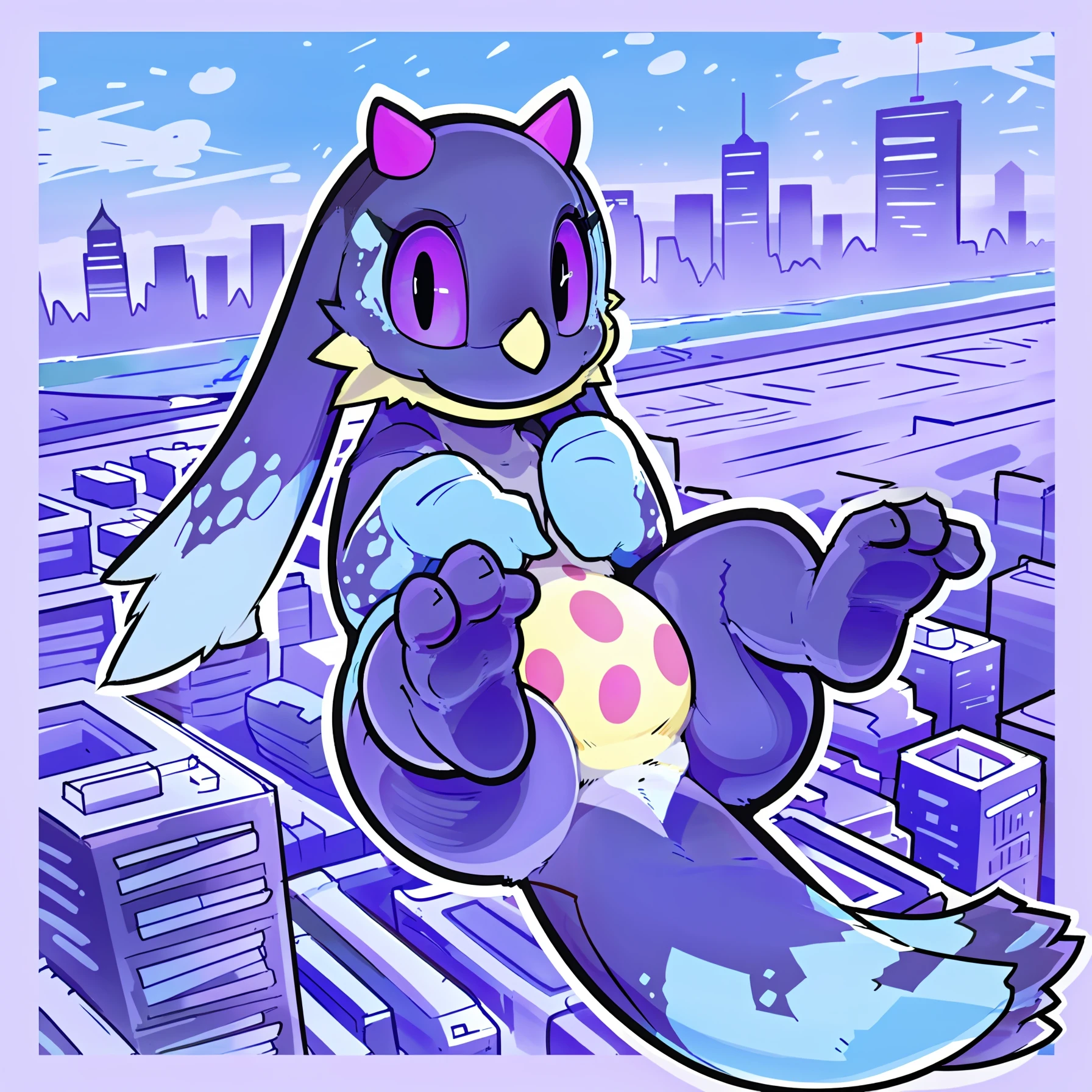 <lora:gashi-gashi:1> [by thefuckingdevil:by aintsmart:15], (by freepancakes:0.99), (by k0bit0wani:0.98), purple theme, white border, outside border, line art, thick lines, black outline, white outline solo, (high-angle view, bird's-eye view:1.23), (dutch angle:1.16), cloudscape, (cityscape:1.21) BREAK
<lora:Feirune_prodigy:1> feirunekumodesu, feral, female, black body, tan countershading, purple sclera, black eyes, (long ears:1.1), eyelashes, nose horn, eye markings, gloves \(marking\), (tail markings:1.2) BREAK
(curled up:1.27), legs up, legs together, midair, looking at viewer, (closed smile:1.2), mouth closed, (noseless:1.2), featureless crotch, tail between legs, curled tail