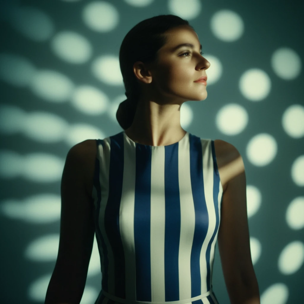 cinematic film still of <lora:casting shadow style v2:1>
A cucoloris patterned illumination casting a circular shaped shadow on a woman in a striped outfit is posing, casting shadow style, shallow depth of field, vignette, highly detailed, high budget, bokeh, cinemascope, moody, epic, gorgeous, film grain, grainy
