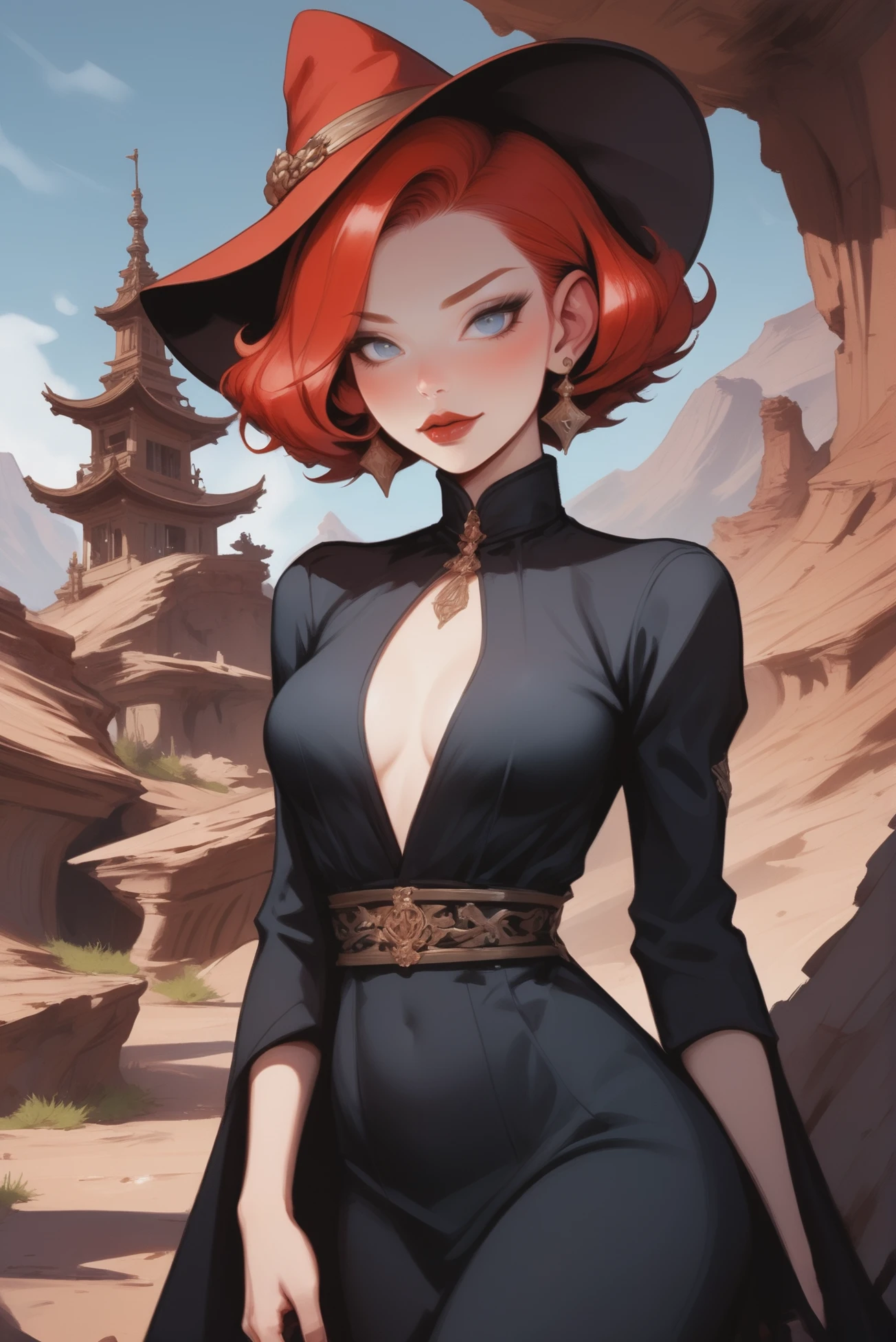 digital painting, 1girl, woman, dark sorceress, (flowing dress:1),(red lipstick:1),(very high collar:1.3), bombshell hair, auburn hair, ahoge, hourglass figure, chinese, noon, architecture, Beatnik Petrified forest in a Gnome Hills<lora:EnvyStarlightSeductress01:1><lora:EnvyBetterHiresFixXL01:0:hr=1>