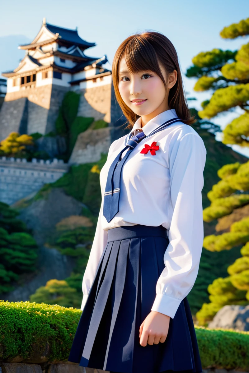 cinematic photo of (masterpiece,best quality,ultra high res:1.1),(photo-realistic:1.1),nature_light,sidelight,
1girl,18yo,155cm height,
<lora:cmxg_XL:1>,caimeixunguo,
front,
gorgeous uniform,the background is Himeji Castle,outdoors,, 35mm photograph, film, bokeh, professional, 4k, highly detailed