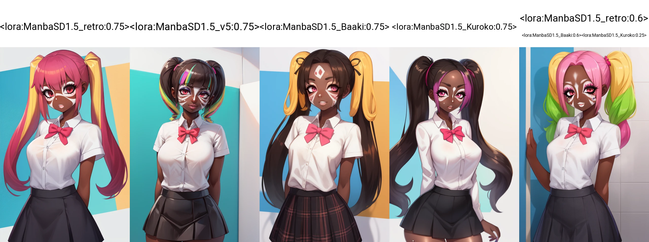 Masterpiece, colorful abstract rectangular backdrop, white backdrop, cowboy shot, skin pores, octane render, best quality, 1girl, solo, front view, upper body, dark skinned girl, very dark skin, oiled skin, (yamanba:1.5), white facepaint makeup, drill hair, bowtie, twintails, multicolored hair, white shirt, buttons, pink leopard print skirt, arms behind back, <lora:ManbaSD1.5_retro:0.75>,