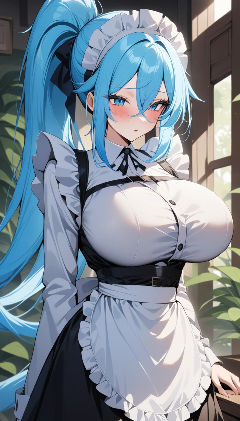 masterpiece, best quality, very aesthetic, absurdres, 1girl, solo, sylpha, long hair, maid headdress, white crystal hair color, large breasts, hair between eyes, ponytail, <lora:Sylpha Langlis V1:0.8>