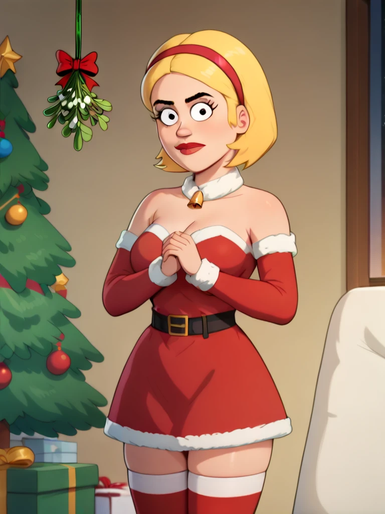 score_9, score_8_up, score_7_up, score_6_up, score_5_up, score_4_up, parody, 1girl, G1N4PD, blonde hair, christmas dress, hairband, thigh highs, christmas season, under mistletoe, looking at viewer