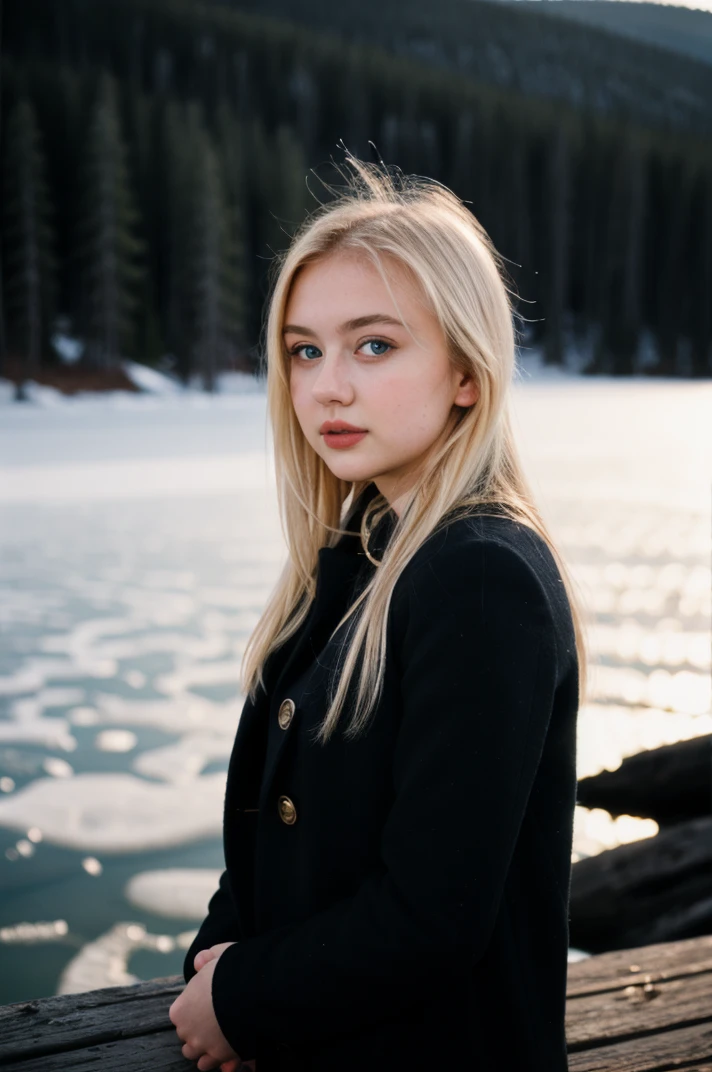 tv_Aino_MXAI, epiCPhoto, , , sad expression, wearing a winter coat, wearing winter pants, wearing winter boots, sitting on a rock by a frozen mountain lake, midnight, moonlight, shot from the side,, 8k resolution, highres, high detail, sharp focus, detailed skin, 8k uhd, bokeh, analog photography