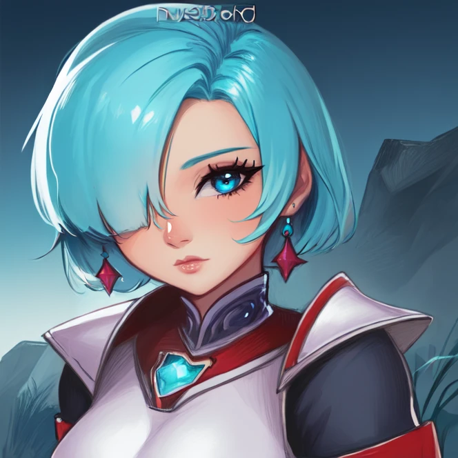 extreme close-up, portrait, solo, <lora:leenGrandia:0.7>, leen_grandia, short hair, jewelry, blue eyes, earrings, hair over one eye, armor, aqua hair, bodysuit, armor, pauldrons, highres, Digital art, trending on artstation, best quality, insanely detailed, masterpiece, stunning environment, wide-angle,