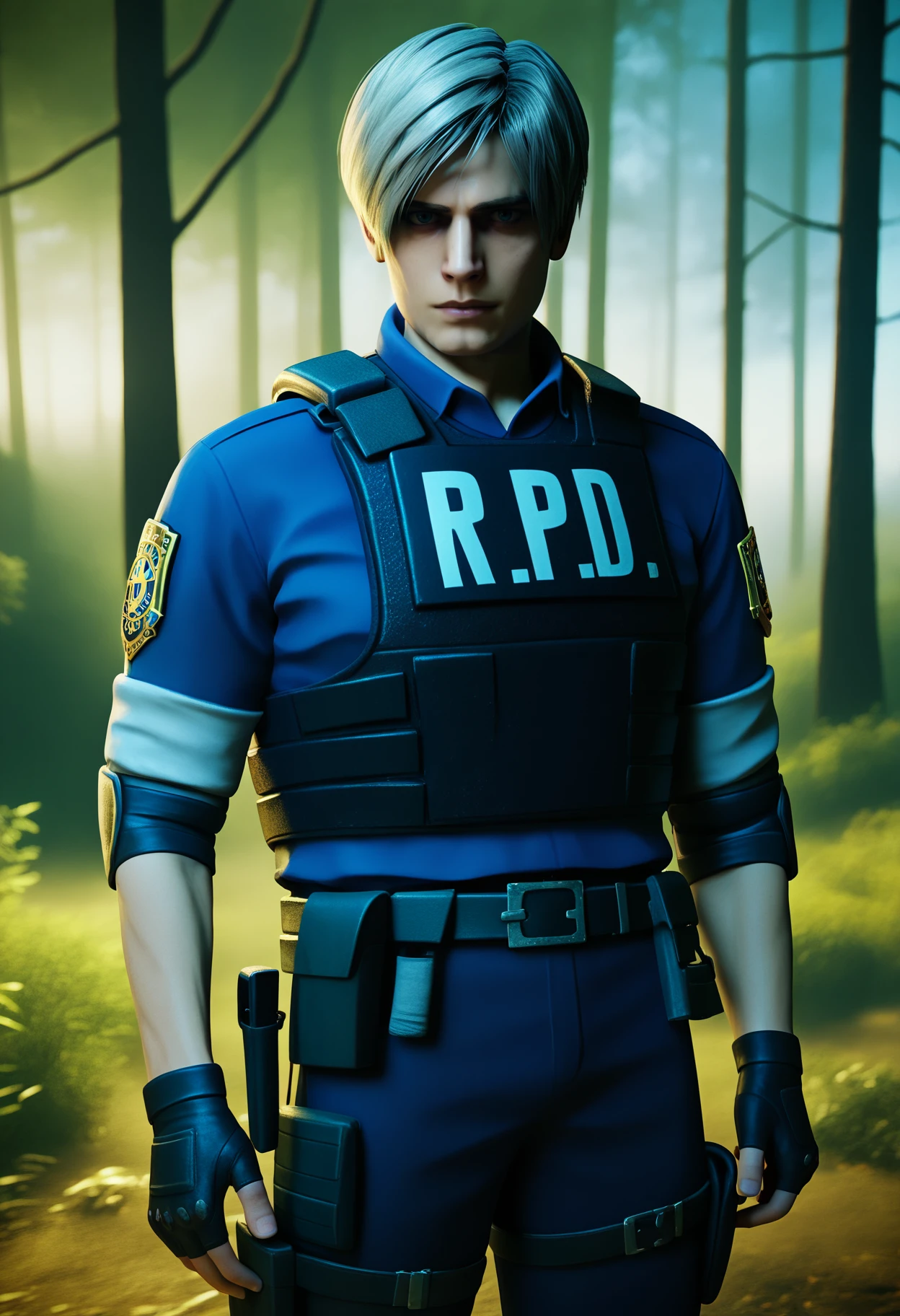 score_9,score_8_up,score_7_up,uncensored BREAK realistic,render,blender \(medium\),
1boy,  leonkennedy, grey hair, short hair, belt, police uniform, bulletproof vest, fingerless gloves, blue shirt, elbow pads, long sleeves,
solo, looking at viewer, outdoors, trees, forest background
<lora:LeonKennedyXL:1>