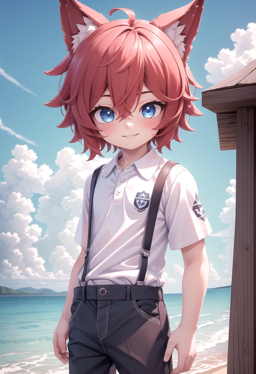 <lora:Aki SD15_epoch_17:0.6>, (1boy:1.3), solo, beach, smile, ( crimson animal ears:1.4), male face, male body, more details in eyes, (very short hair:1.2), hair between eyes, cute, adorable boy, cute face, detailed face, handsome, young, juvenile, white skin, eyeshadow, crew cut, crimson hair, details sky, looking at viewer, blush, blue eyes, full shot, red suspenders, (pants), (white polo shirt), aki,petite, (male focus:1.3),(male:1.2), 
(masterpiece:1.2), best quality, high resolution, unity 8k wallpaper, (illustration:0.8), (beautiful detailed eyes:1.6), extremely detailed face, perfect lighting, extremely detailed CG, (perfect anatomy),