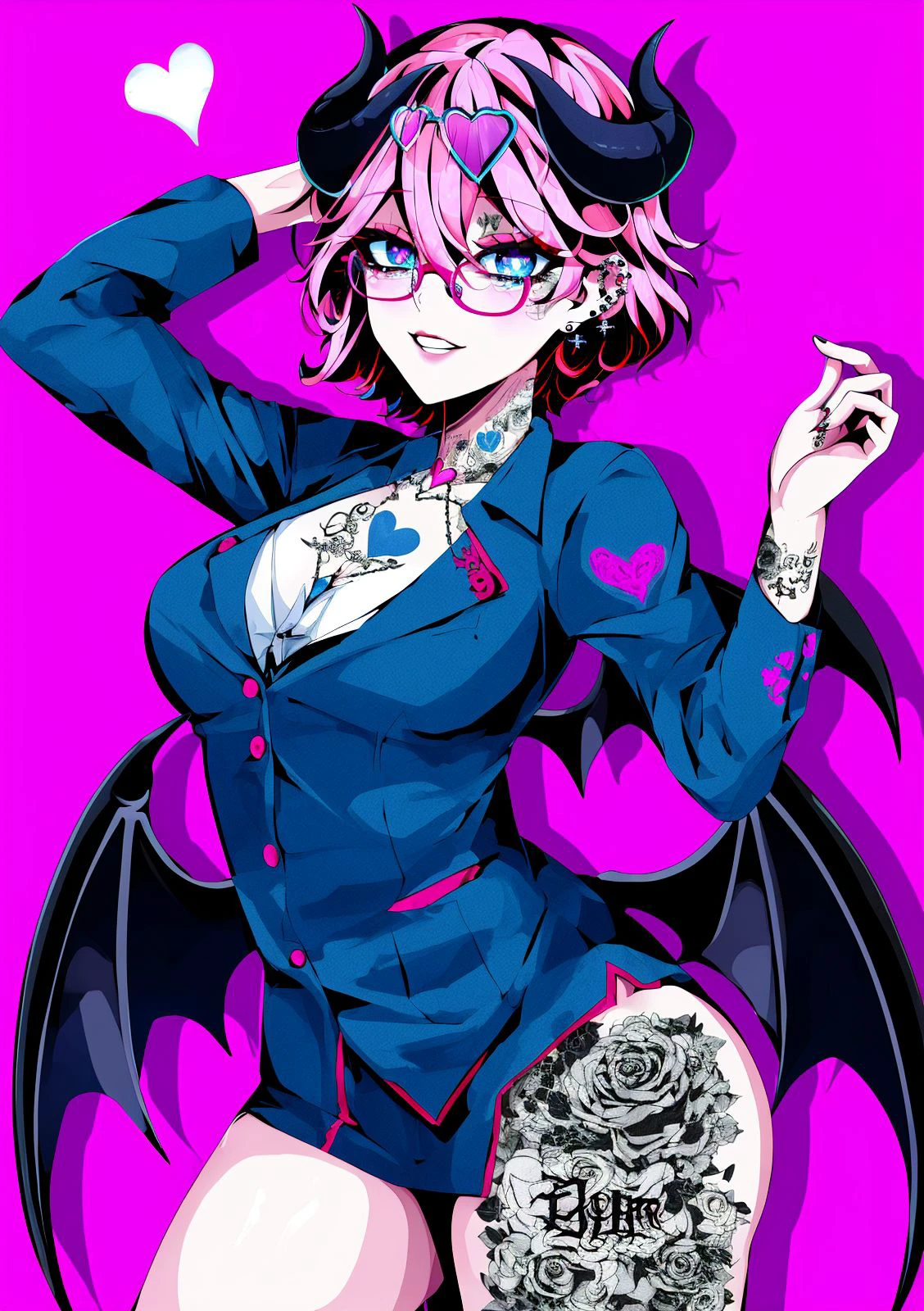 ((Nora) (demon girl,  pink hair, short hair, hair between eyes, blue eyes, glasses, piercing, demon horns))  <lora:Defaultz17Style:0.75>, tatoo, body writing, nfsw, fellatio gesture to viewer, heart-shaped pupils, wings, public tatoo, (best quality, masterpiece, absurdres:1.3), extremely delicate and beautiful, solo, cowboy shot, full shot,