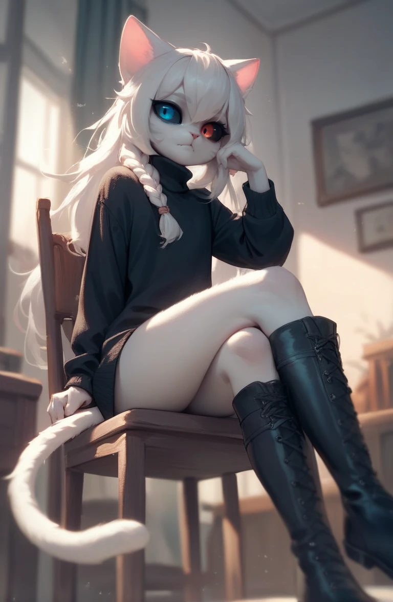 score_9, score_8_up, score_7_up, source_furry, <lora:Odd-eyed cat girl_051_pony:0.8> Odd-eyed cat girl, braid, crossed_legs, dark lighting, tail, Black Sweater, knee boots, colored sclera, white hair, long hair, heterochromia, black sclera, depth of field, chair, indoors, sitting, novel