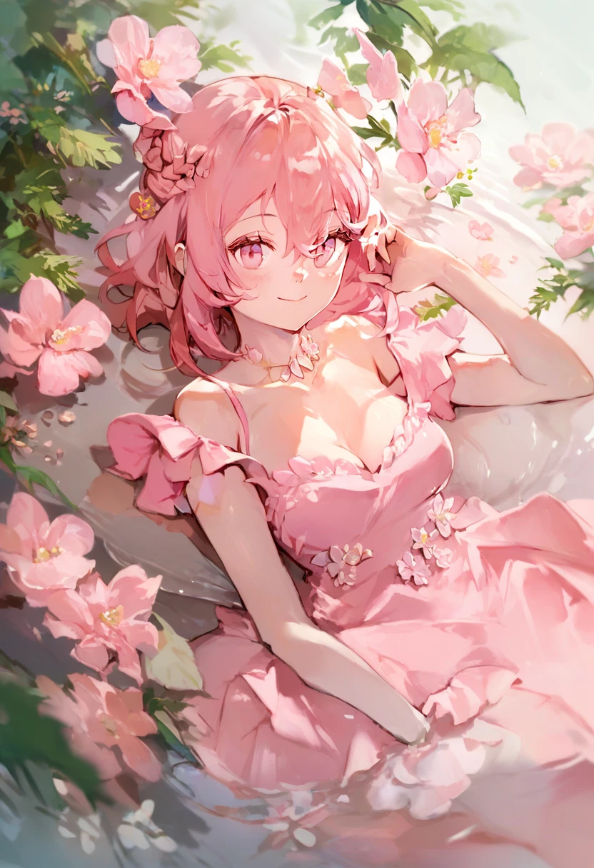 score_9, score_8_up, score_7_up, score_6_up, <lora:anmiXL_P6_lokr_V3236:0.95> 1girl, breasts, solo, pink hair, dress, looking at viewer, lying, pink eyes, smile, braid, cleavage, medium breasts, on back, bare shoulders, pink dress, closed mouth, flower, jewelry, hair between eyes, reflection