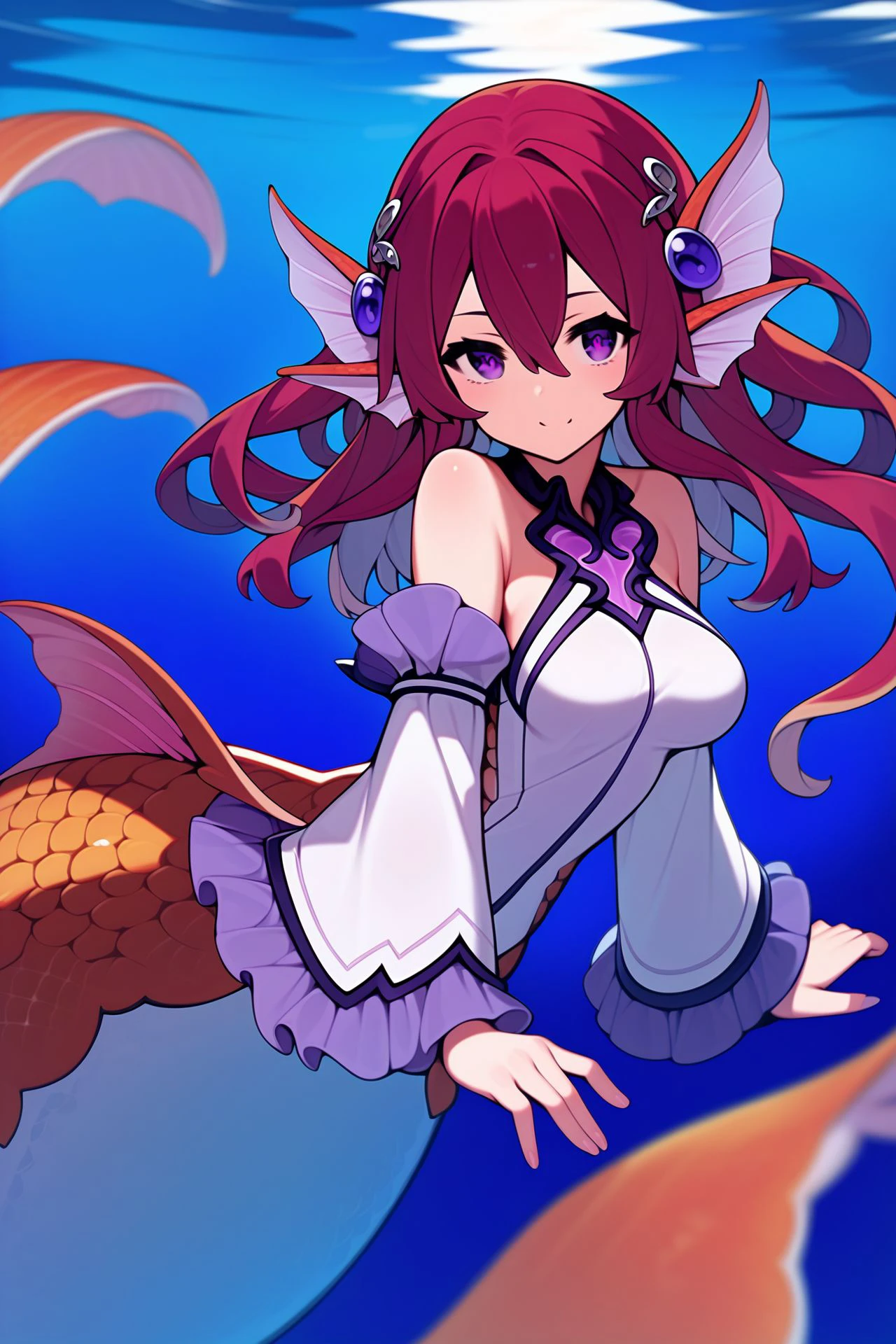 score_9, score_8_up, score_7_up, 1girl, pupils sparkling, looking at viewer, bronze hair, hair_between_eyes, purple eyes, medium breasts, Mermaid \(monster girl encyclopedia\), detached sleeves, fins, hair ornament, head fins, jewelry, mermaid, monster girl, scales, seashell  <lora:Lansane_PonyXL_style_v01:1>