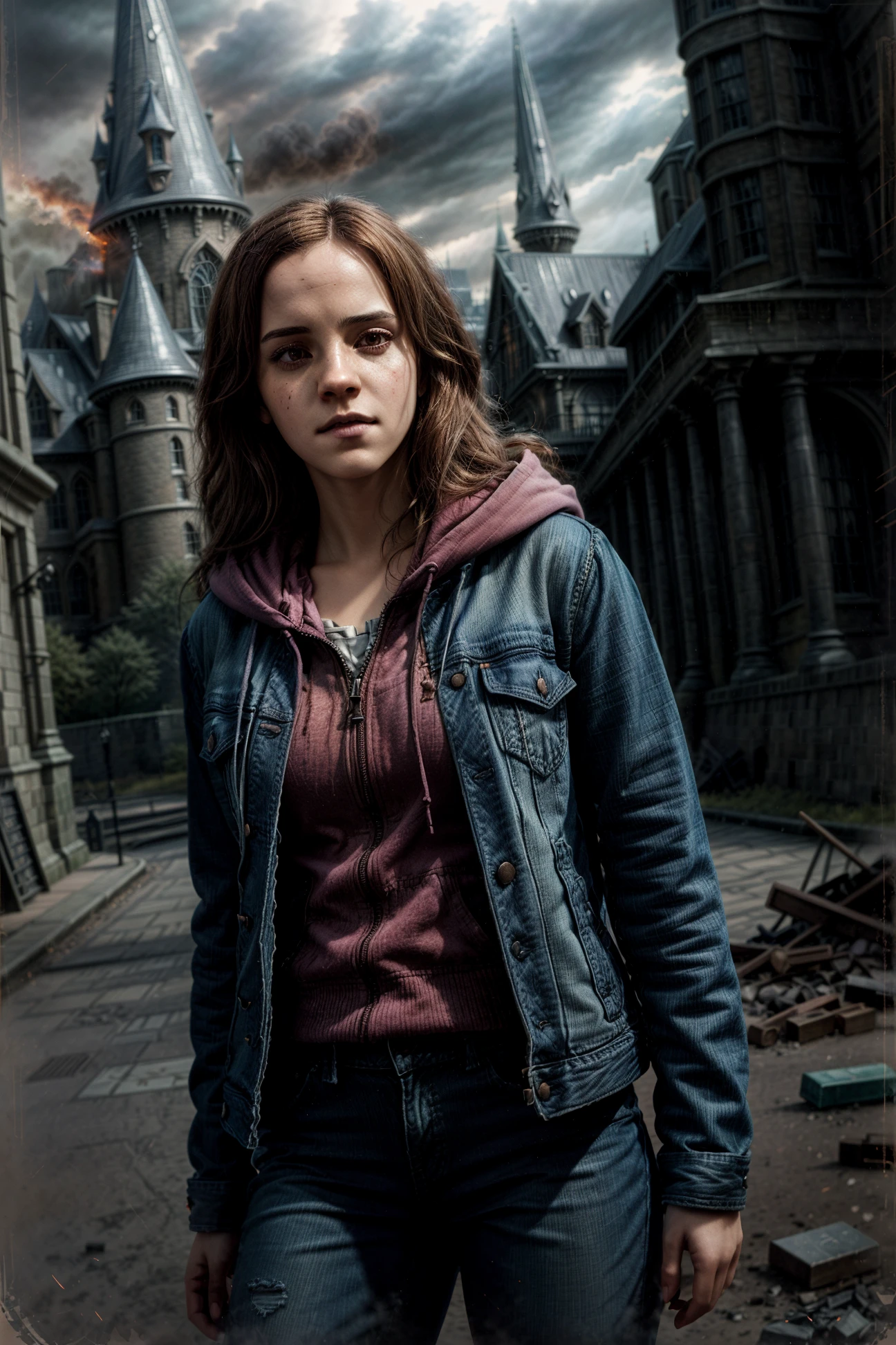 Hermione_Granger, a woman in a a blue jeans jacket and pink zip hoodie and jeans pant, long brown hair, a witch, long flowing hair, in front of a building with a glass, in front of grey sepia smoke background with a sky full of cloud background and some rock in the air, outside, (in front of Hogwarts half-destroyed:1.2), poster style, close-up portrait, dark tones, chiaroscuro, detailed, hdr, epic background, line art, digital illustration, comic style, dynamic, highly detailed, artstation, concept art, smooth, sharp focus, illustration, Thomas Moran style, art by Carne Griffiths and Wadim Kashin, detailed background, 60-30-10 color rule, warm tones, godrays, unreal engine, greg rutkowski, loish, rhads, beeple, makoto shinkai and lois van baarle, ilya kuvshinov, rossdraws, tom bagshaw, alphonse mucha, global illumination, detailed and intricate environment <lora:Hermione Granger:0.6> <lora:more_details:1> <lyco:GoodHands-beta2:1.0>