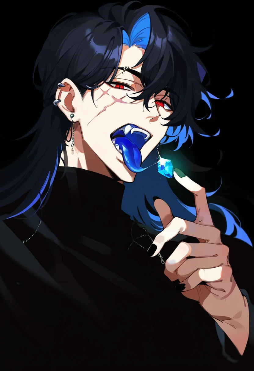 <lora:MUKi:0.8>,muksal style,1boy,red eyes,solo,jewelry,tongue,scar,earrings,scar on face,tongue out,piercing,looking at viewer,open mouth,hair between eyes,gem,long hair,black background,fangs,shirt,black shirt,hand up,bangs,blue tongue,black hair,black nails,fingernails,glint,ear piercing,, (score_9,score_8_up,score_7_up,score_6_up,score_5_up,score_4_up,source_anime,),