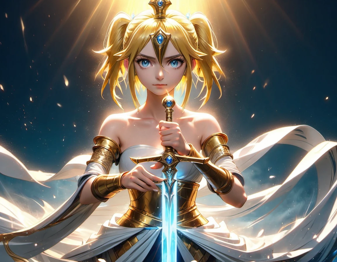 SwordInTheStone, (((masterpiece))) , (((best quality))) , anime style, 2d, Celestial slender wabi-sabi (glamourous 1girl, solo:1.2) Waterbender, 🤕, wearing Hypnotic Dress pants, The Dress pants is cropped, her hair is Gold, hairpin, gripping onto the hilt of the sword in the stone, key visual