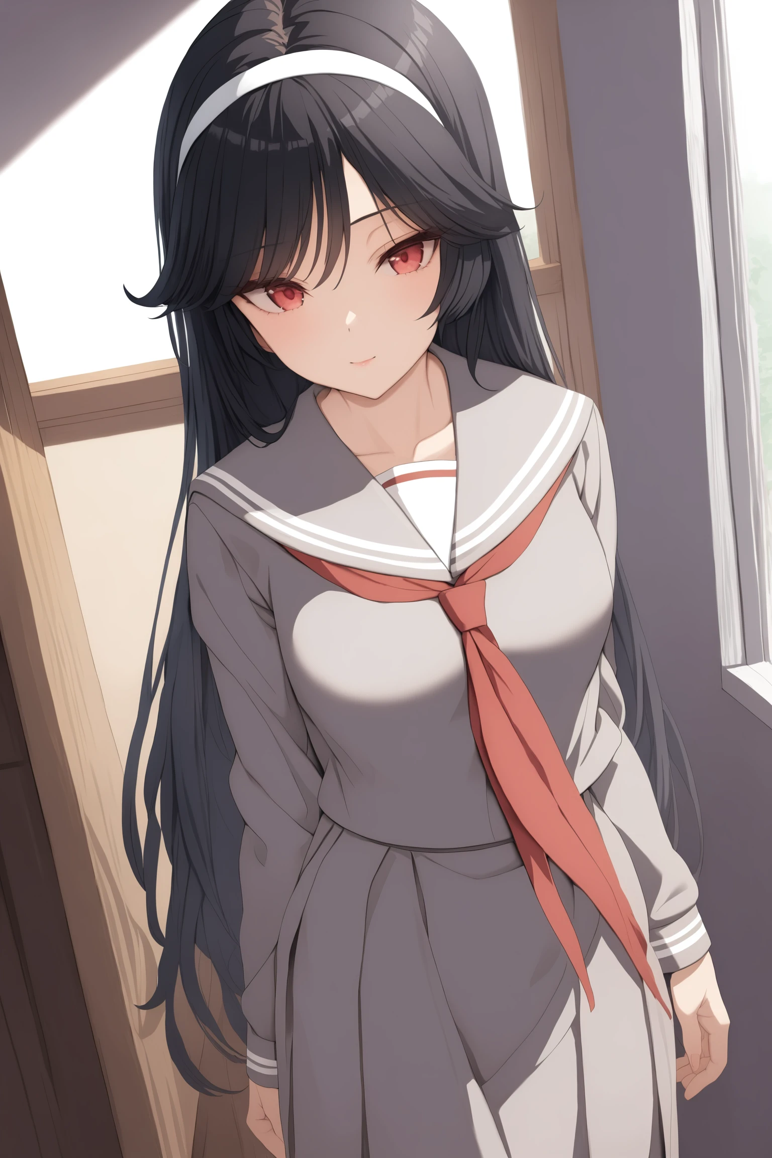 (masterpiece, best quality, very aesthetic, ultra detailed), intricate details, kunishiromiyabi, solo, indoors, classroom, black hair, white hairband, very long hair, red eyes, medium breasts, grey serafuku, grey shirt, grey sailor collar, red neckerchief, long sleeves, grey skirt, black pantyhose, school uniform, smile, closed mouth, :), pink lips,  <lora:Kunishiro-Miyabi:0.7>