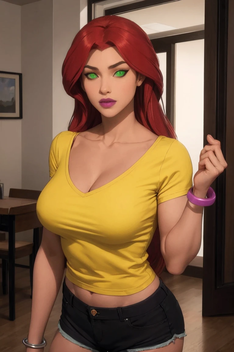 masterpiece, best quality, high quality, highres,  upper body, looking at viewer, twilight,  sunset, 
TN_StarfireAdult_YellowTop, www.ownwaifu.com, 
1girl, no pupils, orange skin, toned, long hair, red hair, green eyes, breasts, lipstick, makeup, green sclera, lips, armlet, colored sclera, large breasts, glowing eyes, colored skin, eyeshadow, muscular, purple lips, muscular female,  very long hair, collarbone, 
t-shirt, shorts, short shorts, bracelet, black shorts, yellow shirt, 
<lora:CARTOON_DC_TN_StarfireAdult_ownwaifu-15:0.7>