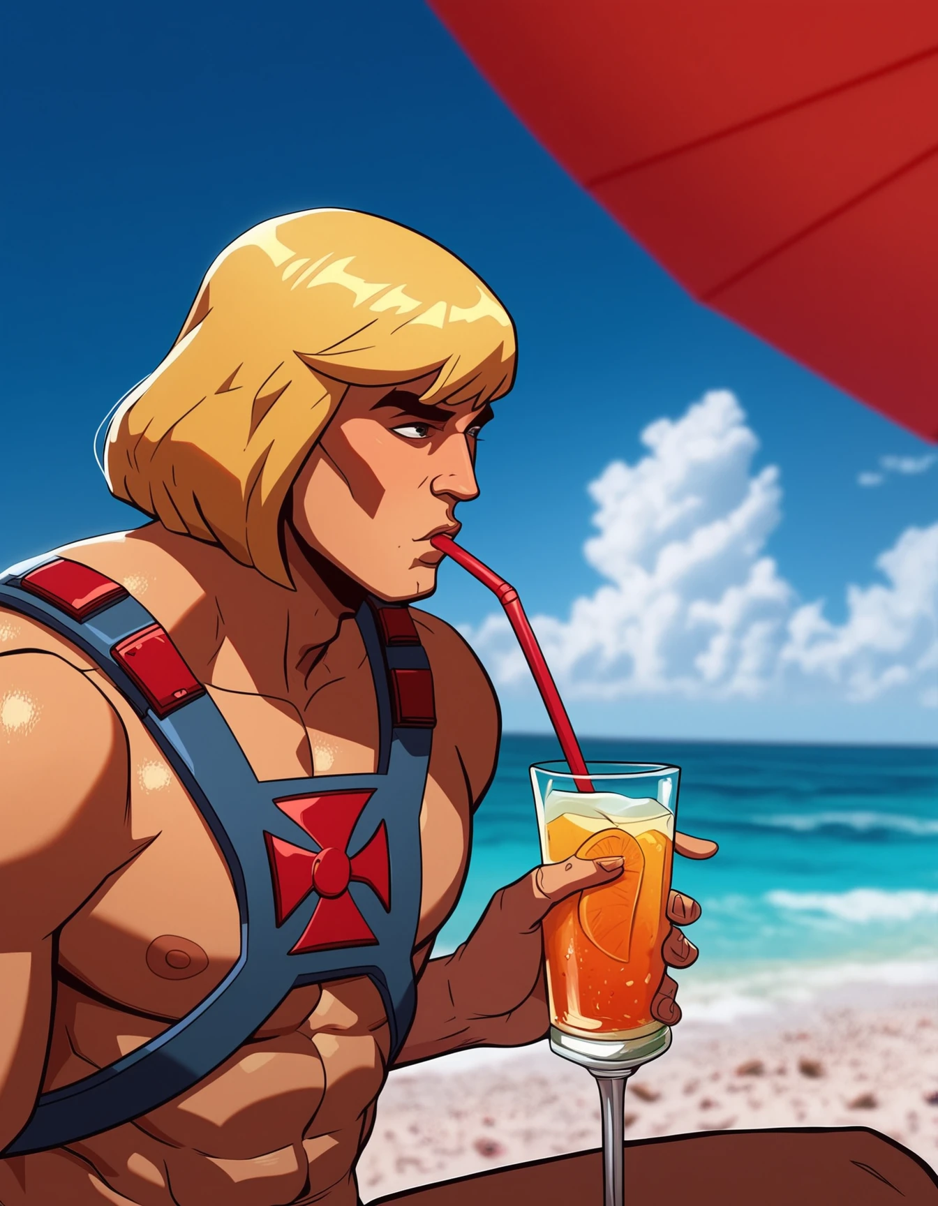 score_9, score_8_up, score_7_up, He-Man, hypermuscular man, blonde hair,harness, drinking a coctail, at a beach