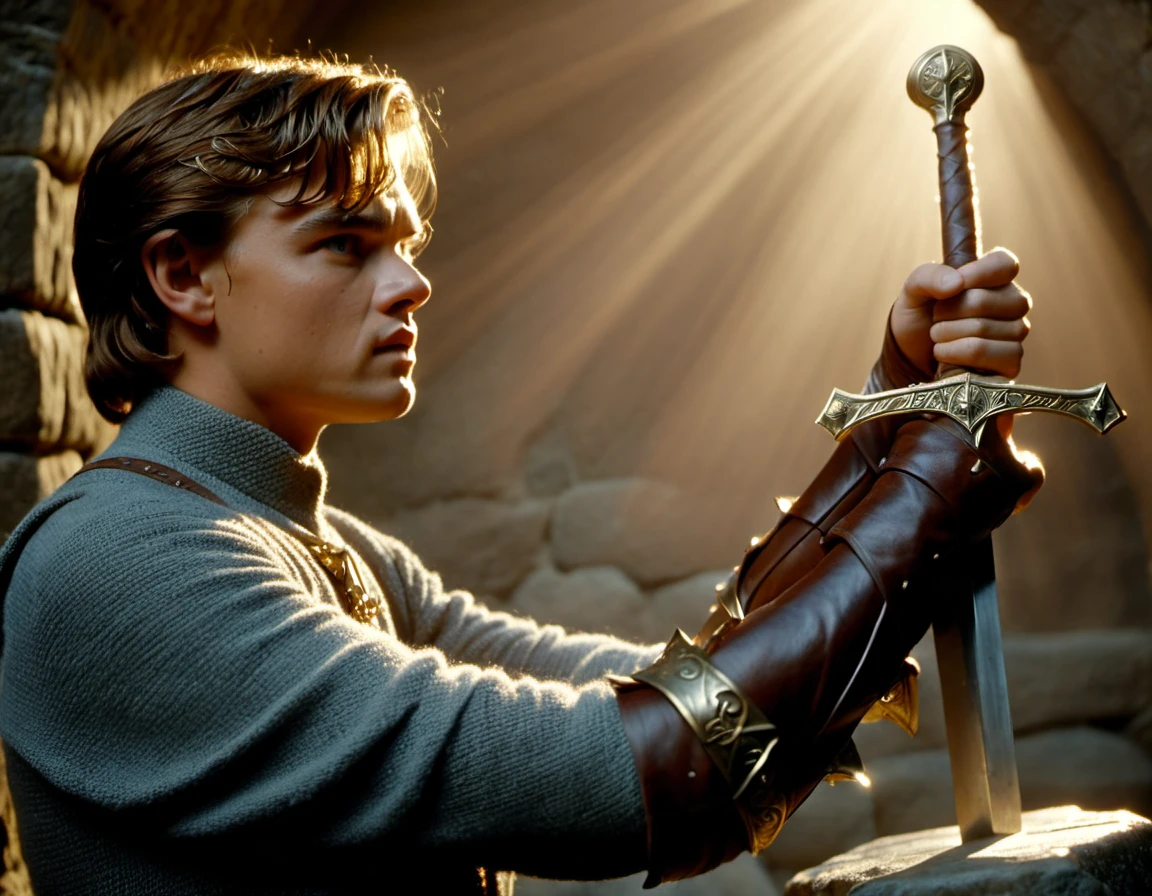 cinematic film still SwordInTheStone, beautiful gorgeous Young Leonardo DiCaprio, gripping onto the hilt of the sword in the stone, shallow depth of field, vignette, highly detailed, high budget Hollywood film, cinemascope, moody, epic, gorgeous, 