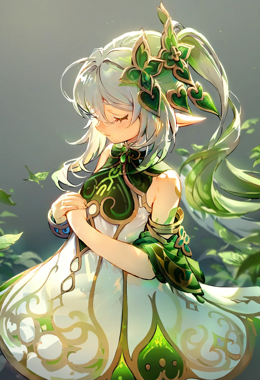 score_9, score_8_up, score_7_up, score_6_up, <lora:anmiXL_P6_lokr_V3236:0.95> 1girl, solo, closed eyes, nahida \(genshin impact\), dress, pointy ears, own hands together, white dress, hair ornament, side ponytail, praying, white hair, multicolored hair, detached sleeves, long hair, sleeveless dress, leaf hair ornament, green hair, closed mouth, sleeveless, bare shoulders, hair between eyes, jewelry, own hands clasped, bracelet