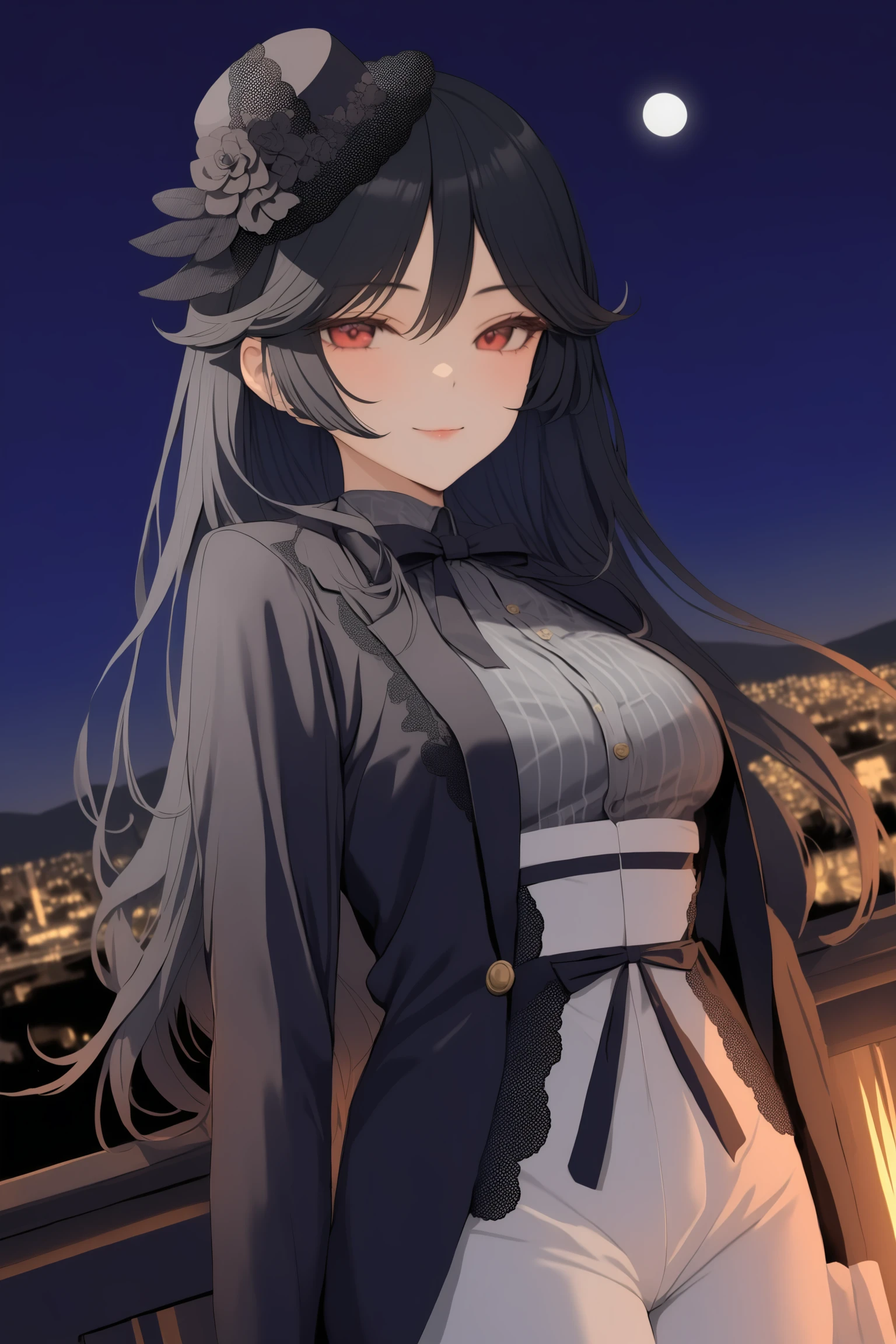 (masterpiece, best quality, very aesthetic, ultra detailed), intricate details, kunishiromiyabi, solo, outdoors, night, full moon, mini hat, hat flower, black headwear, black hair, black headwear, very long hair, red eyes, medium breasts, black jacket, open jacket, blue shirt, vertical stripes, black bowtie, lace trim, white pants, smile, closed mouth, :), pink lips, <lora:Kunishiro-Miyabi:0.7>