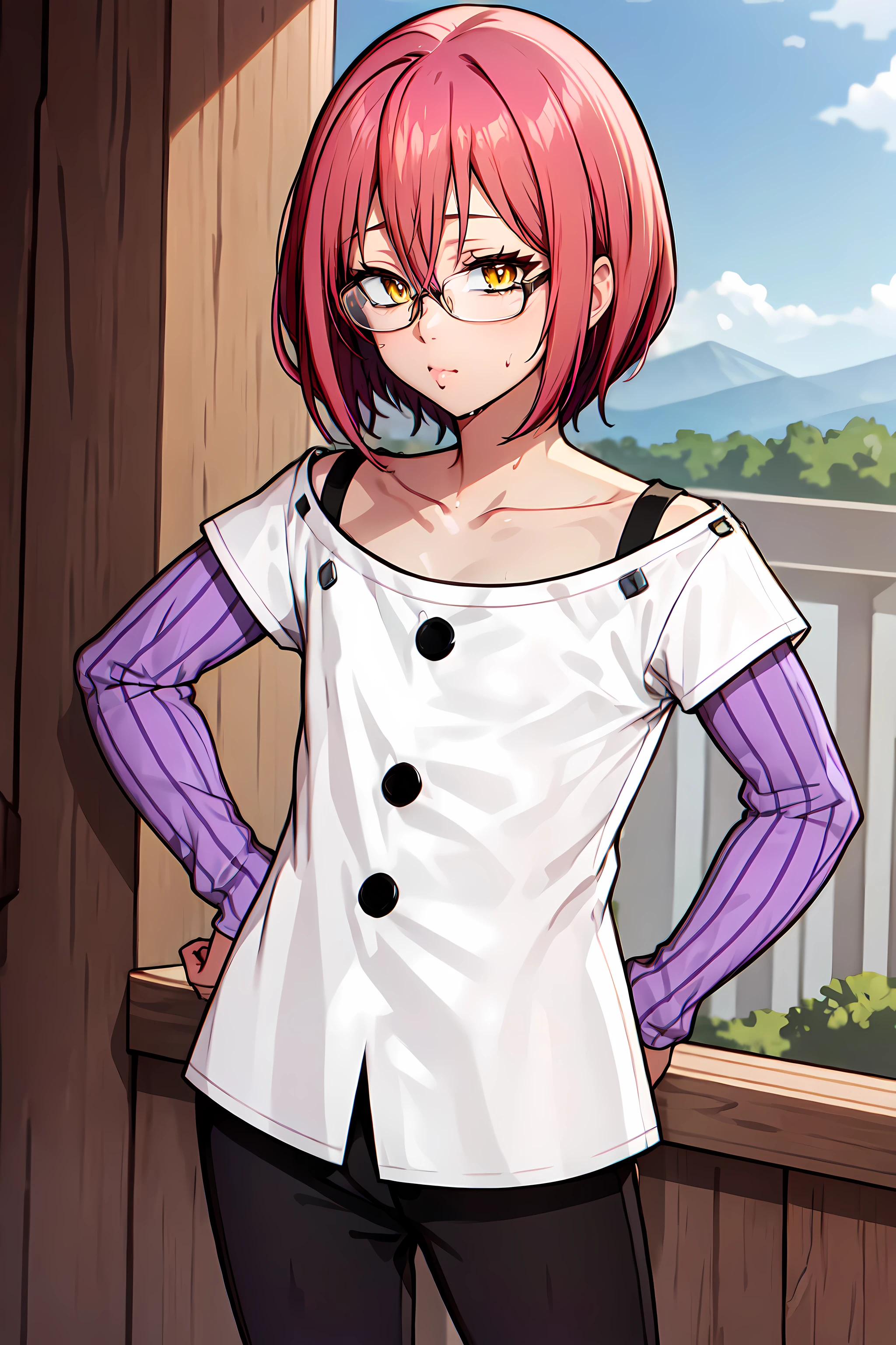 masterpiece, best quality, Gowther,gowcos,(1boy:1.2),solo,sexy,femboy,otoko no ko,glasses,yellow eyes, (white shirt),hands on hips,black boots,standing,pink hair,detailed eyes,head room,(black pants),pout,hair between eyes,((purple sleeves,striped sleeves)),long sleeves,,short hair, collarbone,under-rim eyewear,2 buttons,outdoors,beautiful scenery. blue sky,<lora:Gowther:0.8>