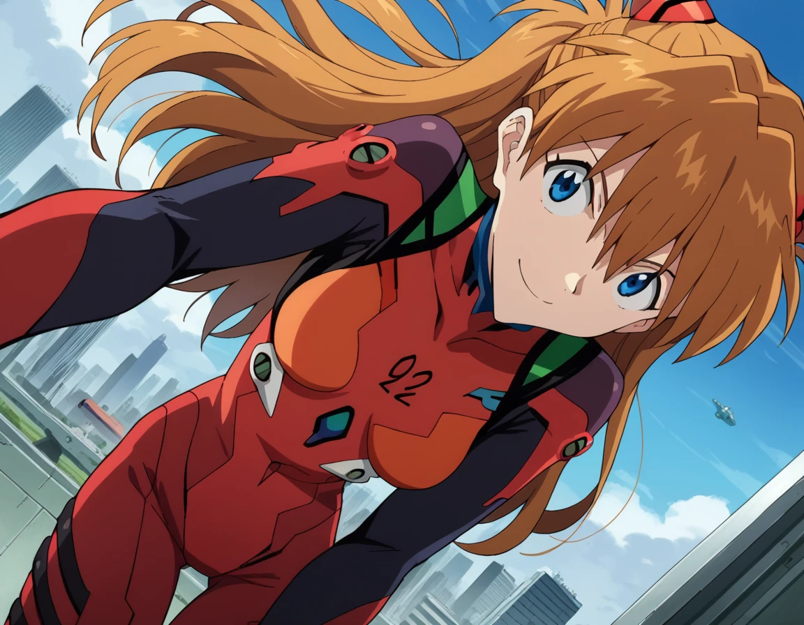 score_9, score_8_up, score_7_up, source_anime,
asukalangley, <lora:asuka-langley-soryu-rebuild-ponyxl-lora-nochekaiser:1>,
asuka langley soryu, long hair, bangs, blue eyes, brown hair, hair ornament,
bodysuit, pilot suit, plugsuit, red bodysuit, interface headset,
outdoors, cityscape, smile, bent over,
looking at viewer, dutch angle, cowboy shot,