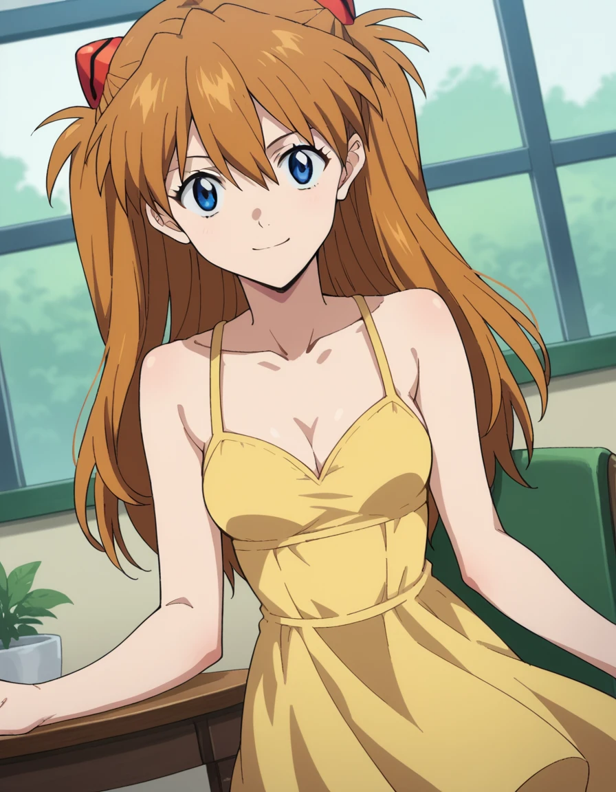 score_9, score_8_up, score_7_up, source_anime,
asukalangley, <lora:asuka-langley-soryu-rebuild-ponyxl-lora-nochekaiser:1>,
asuka langley soryu, long hair, bangs, blue eyes, brown hair, hair ornament,
dress, cleavage, yellow dress, sundress, collarbone, bare shoulders,
indoors, table, chair, smile,
looking at viewer, dutch angle, cowboy shot,