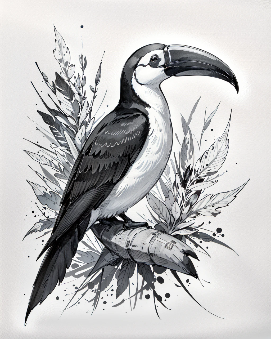 best quality,masterpiece, 
Toucan It has a large, colorful bill, black feathers, and a bright chest. whorled
 <white
 <lora:neg9V2_last:0.5>   traditional media,  <lora:lamy-fountain:1> lamy-fountain, monochrome, sketch ,drawing,