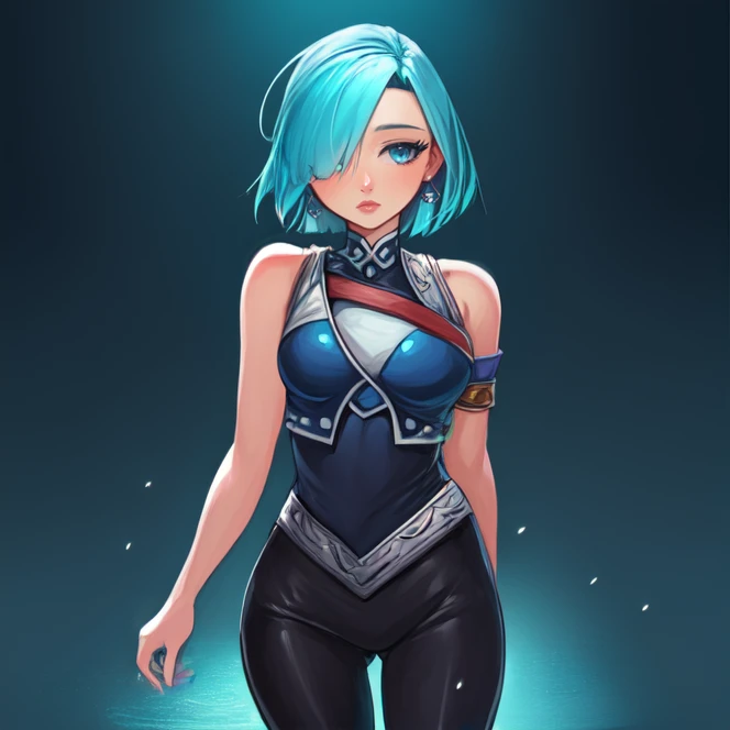 cowboy shot, solo, <lora:leenGrandia:0.7>, leen_grandia, short hair, jewelry, blue eyes, earrings, hair over one eye, aqua hair, bodysuit, sleeveless, highres, Digital art, trending on artstation, best quality, insanely detailed, masterpiece, stunning environment, wide-angle,