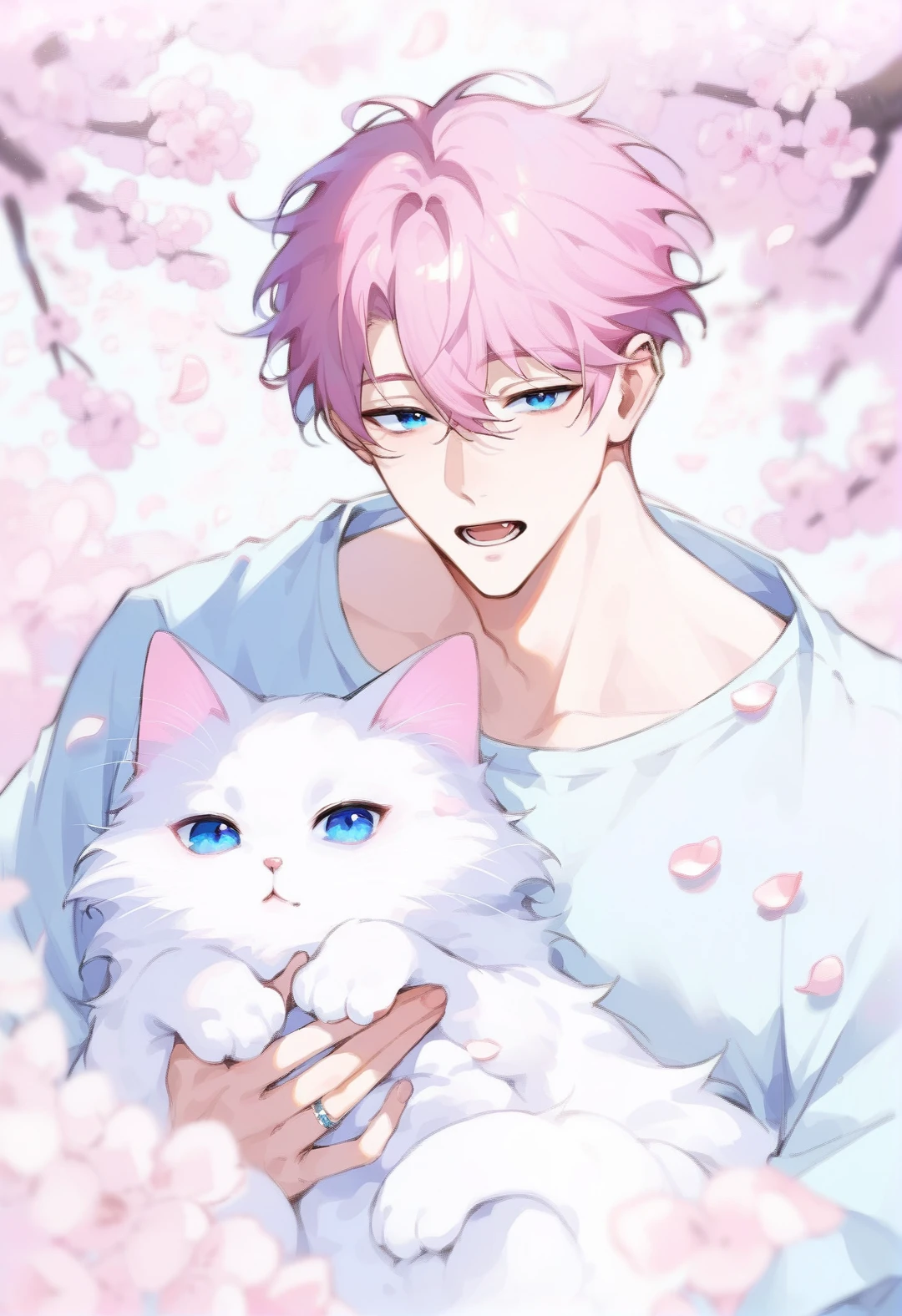 <lora:MUKi:0.8>,muksal style,1boy,cat,blue eyes,pink hair,ring,open mouth,cherry blossoms,looking at viewer,animal,petals,solo,white shirt,white cat,bangs,handsome,, (score_9,score_8_up,score_7_up,score_6_up,score_5_up,score_4_up,source_anime,),