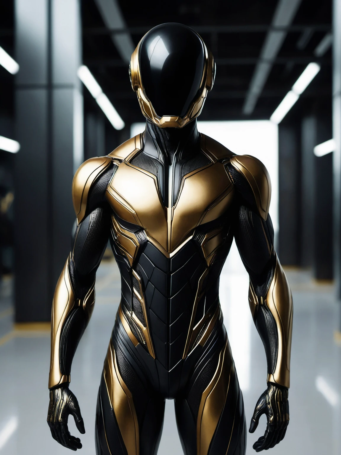 bodysuit, solo, 1boy, male focus, skin tight,
The image showcases a futuristic, humanoid figure with a sleek, black, and metallic appearance. The figure's head is obscured by a reflective, smooth helmet that covers the entire face, leaving no visible facial features. The body is adorned with intricate gold detailing, especially on the chest, arms, and legs. The figure's muscular physique is accentuated, and the overall design gives off a sense of advanced technology or robotics.