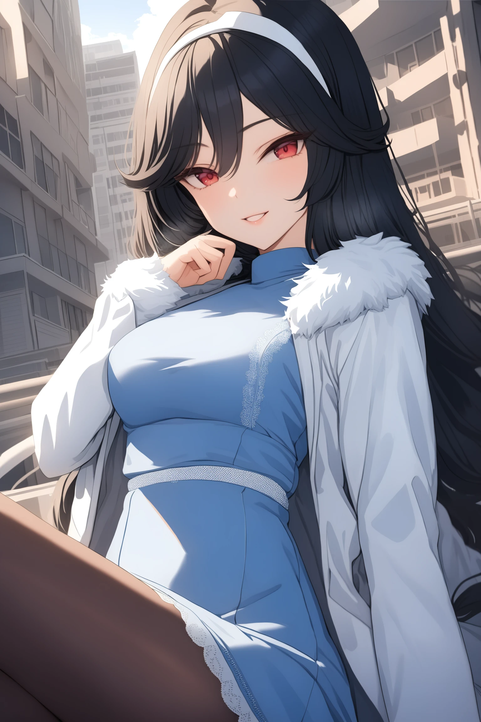 (masterpiece, best quality, very aesthetic, ultra detailed), intricate details, kunishiromiyabi, solo, outdoors, city, black hair, white hairband, very long hair, red eyes, medium breasts, white jacket, fur-trimmed coat, blue dress, fur trim, long sleeves, black pantyhose, smile, open mouth, :d, pink lips, <lora:Kunishiro-Miyabi:0.7>