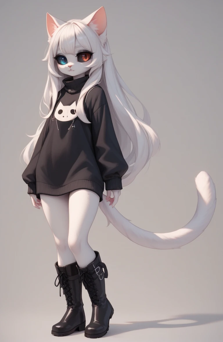 score_9, score_8_up, score_7_up, source_furry, <lora:Odd-eyed cat girl_051_pony:1> Odd-eyed cat girl, solo, standing, tail, Black Sweater, knee boots, colored sclera, white hair, long hair, heterochromia, black sclera, simple background