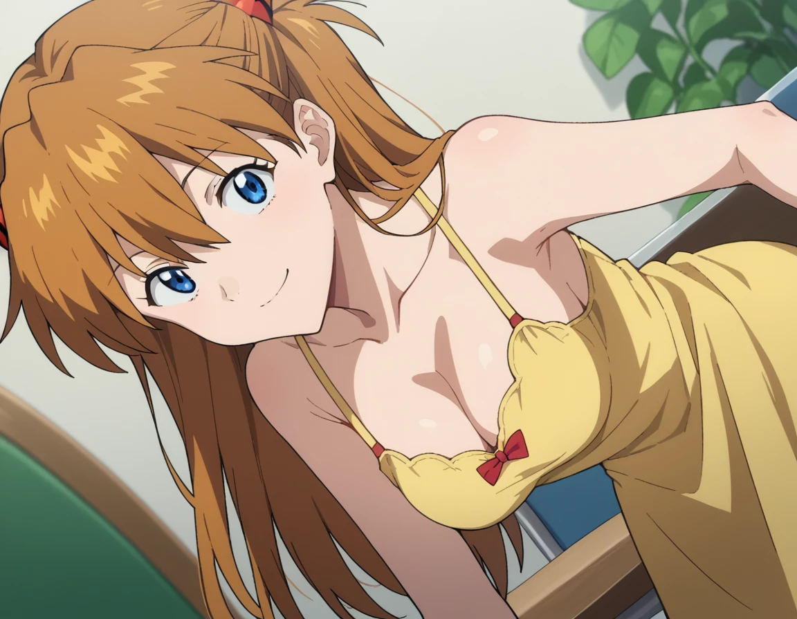 score_9, score_8_up, score_7_up, source_anime,
asukalangley, <lora:asuka-langley-soryu-rebuild-ponyxl-lora-nochekaiser:1>,
asuka langley soryu, long hair, bangs, blue eyes, brown hair, hair ornament,
dress, cleavage, yellow dress, sundress, collarbone, bare shoulders,
indoors, table, chair, smile, bent over,
looking at viewer, dutch angle, cowboy shot,