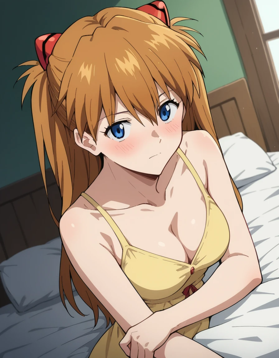 score_9, score_8_up, score_7_up, source_anime,
asukalangley, <lora:asuka-langley-soryu-rebuild-ponyxl-lora-nochekaiser:1>,
asuka langley soryu, long hair, bangs, blue eyes, brown hair, hair ornament,
dress, cleavage, yellow dress, sundress, collarbone, bare shoulders,
indoors, bed, bed room, on side, blush, drunk,
looking at viewer, dutch angle, cowboy shot,