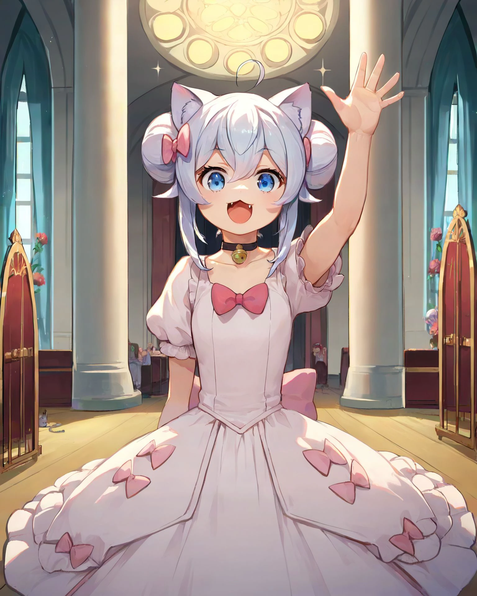 source_anime, <lora:Noela:0.8> noela, 1girl,
ballroomdress, 1girl, solo, looking at viewer, smile, open mouth, blue eyes, bow, animal ears, white hair, ahoge, short sleeves, :d, hair bow, choker, fang, cat ears, hair bun, arm up, double bun, pink ballroomdress, waving
indoors, castle, elegant furniture,, score_9, score_8_up, score_7_up, score_6_up, score_5_up, score_4_up, ponypositive,