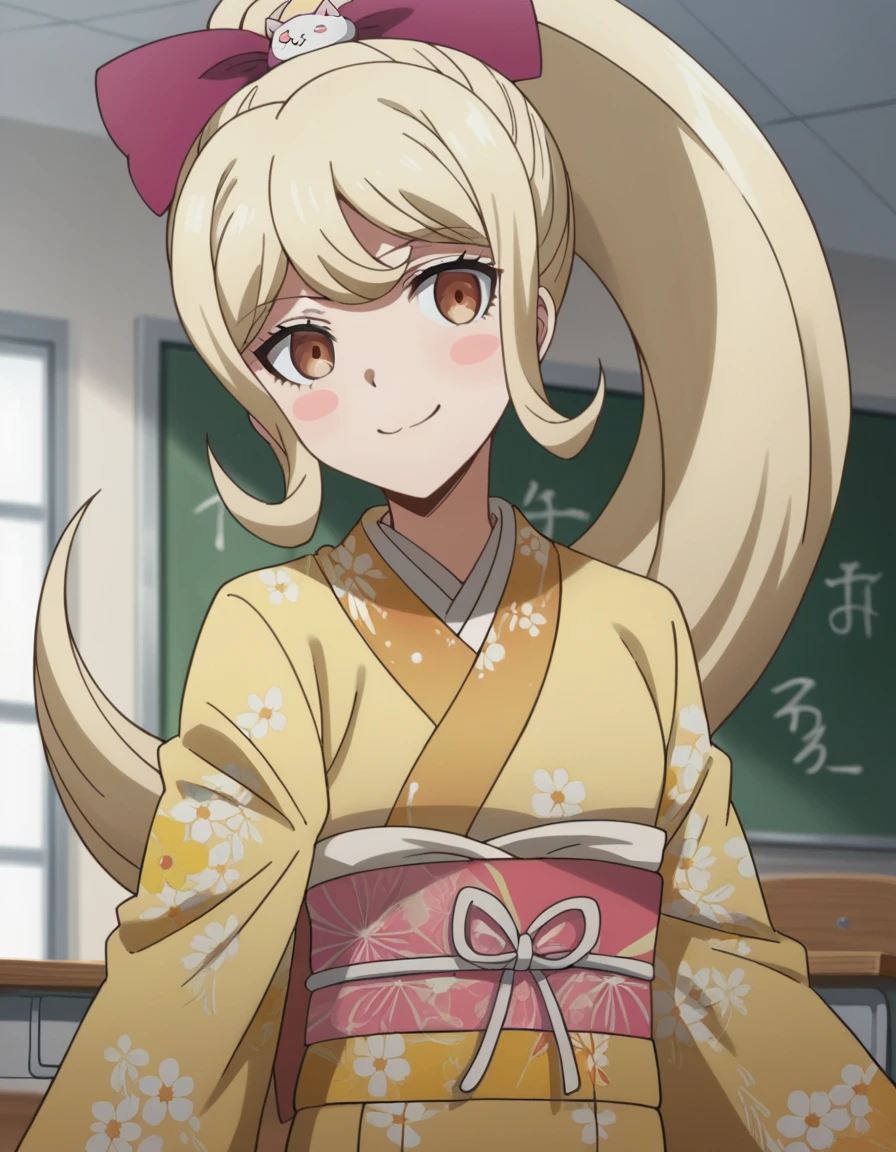 score_9, score_8_up, score_7_up, source_anime,
hiyokosaionji, <lora:hiyoko-saionji-s2-ponyxl-lora-nochekaiser:1>,
hiyoko saionji, long hair, bangs, blonde hair, brown eyes,
hair ornament, long sleeves, bow, ponytail, hair bow, japanese clothes, kimono, sash, blush stickers, obi, floral print, cat hair ornament,
indoors, classroom, smile,
looking at viewer, dutch angle, cowboy shot,