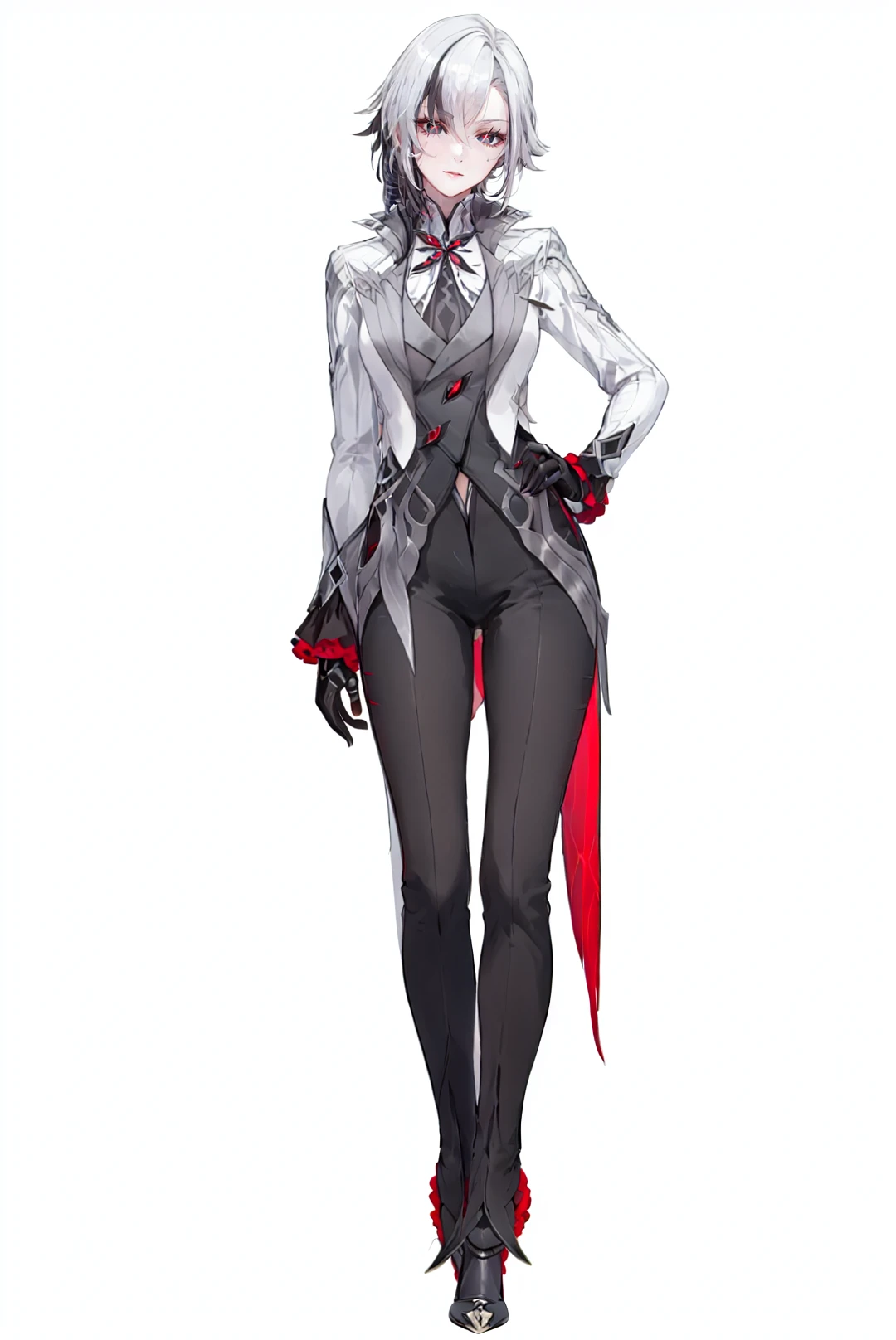 score_9,score_8_up,score_7_up,score_6_up,
8k,best quality,masterpiece,(ultra-detailed:1.1),(high detailed skin),
(full body:1.4),white background,standing,looking at viewer,(solo:1.4),hand on hip,
<lora:Arlecchino-v100:0.8>,Arlecchino,def clothes,1girl,x-shaped pupils,red pupils,black gloves,pants,symbol-shaped pupils,
(white background, simple background:1.3),
(beautiful_face),((intricate_detail)),clear face,
((finely_detailed)),fine_fabric_emphasis,
((glossy)),full_shot,