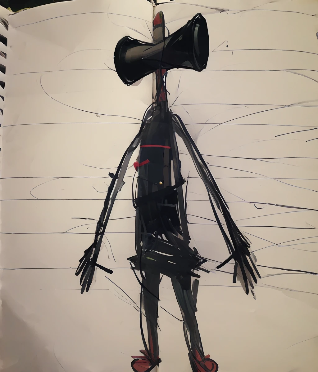 1girl,solo, drawing,stick figure,paper texture,exercise book,cartoonized,graffiti,<lora:Style_Graffiti_v1:0.8>,Siren Head,monster,open mouth,teeth,gum,long tongue,megaphone,black body,black skin,boney,sharp fingernails,body horror,<lora:Role_Siren_Head_v1.0:1>,
