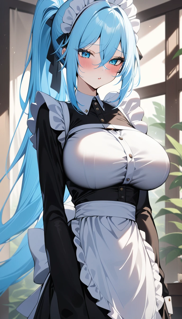 masterpiece, best quality, very aesthetic, absurdres, 1girl, solo, sylpha, long hair, maid headdress, white hair, large breasts, hair between eyes, ponytail, <lora:Sylpha Langlis V1:0.8>