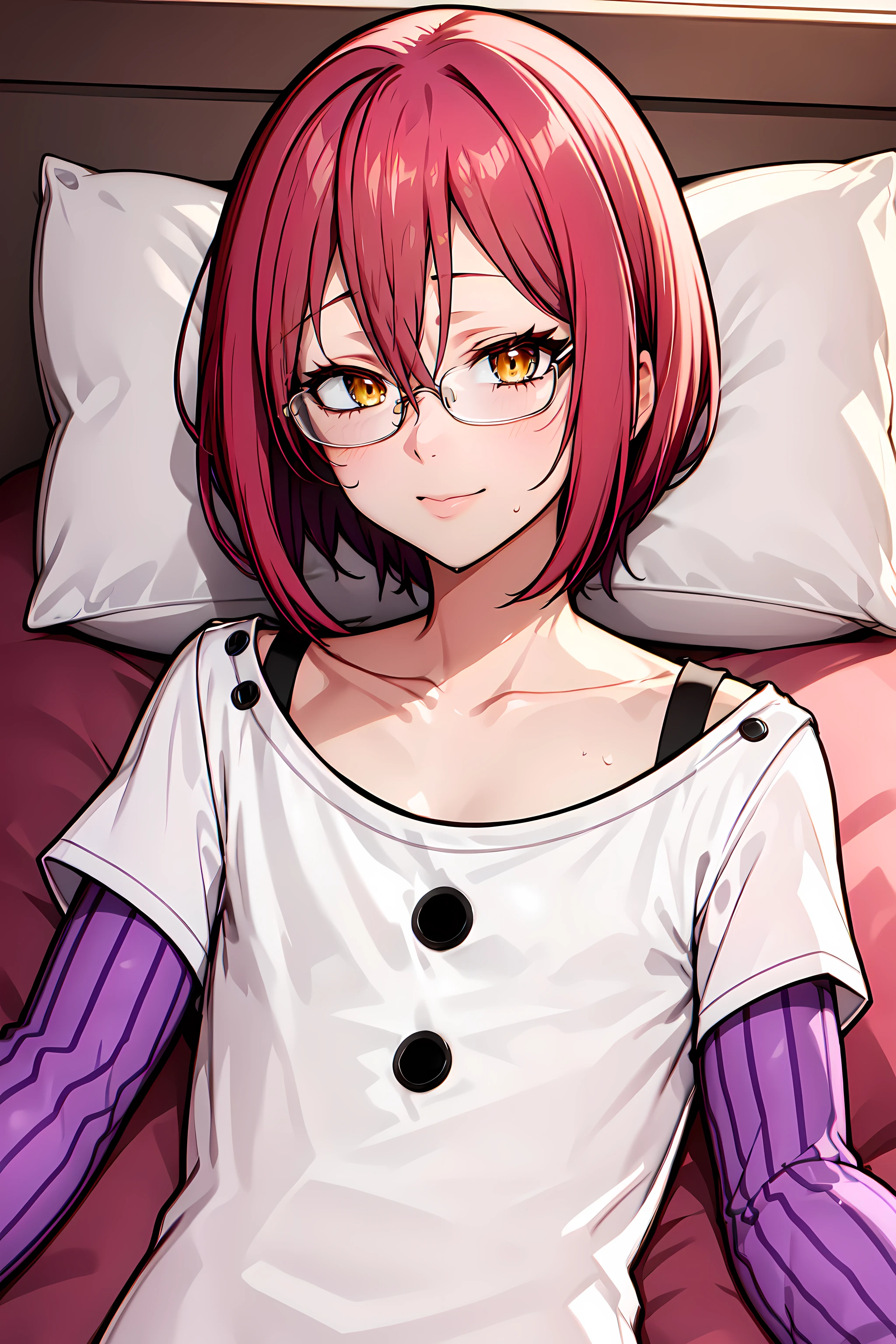 masterpiece, best quality, Gowther,gowcos,(1boy:1.2),solo,sexy,femboy,otoko no ko,glasses,yellow eyes, (white shirt),lying down,pink hair,detailed eyes,head room,hair between eyes,(purple sleeves,striped sleeves),long sleeves,short hair, collarbone,under-rim eyewear,2 buttons,indoors,bed,perfect lighting,pillow,<lora:Gowther:0.75>