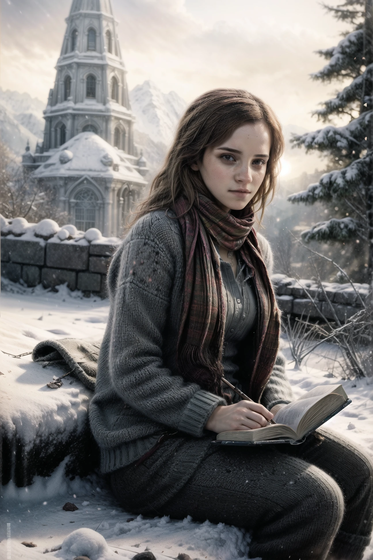 Hermione_Granger, a woman wearing a sweater coat and a scarf, sitting on a rock reading a book in the snow, with a tree in the background and a blanket on her legs, cozy time, chill, in the style of Ben Boshau, Michael Garmash, Daniel F. Gerhartz, Clint Shirley, Carne Griffiths, Jean Baptiste Monge, shallow depth of field, ultra-high image quality, best result in the field of view, best result in areas of a very beautiful face, divine presence, cinematic quality, clear focus, studio photography, masterpiece, detailed, hdr, epic background, line art, digital illustration, comic style, dynamic, highly detailed, artstation, concept art, smooth, sharp focus, illustration, Thomas Moran style, art by Carne Griffiths and Wadim Kashin, detailed background, 60-30-10 color rule, warm tones, godrays, unreal engine, greg rutkowski, loish, rhads, beeple, makoto shinkai and lois van baarle, ilya kuvshinov, rossdraws, tom bagshaw, alphonse mucha, global illumination, detailed and intricate environment <lora:Hermione Granger:0.7> <lora:more_details:1> <lyco:GoodHands-beta2:1.0>