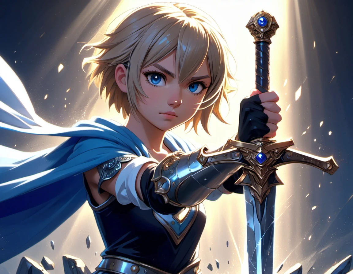 (((masterpiece))) , (((best quality))) , anime style, 2d, well-built charming 1girl, solo, lovely 1girl, SwordInTheStone, beautiful gorgeous Milliardo Peacecraft, gripping onto the hilt of the sword in the stone, she has Shaved sides hair, key visual, 