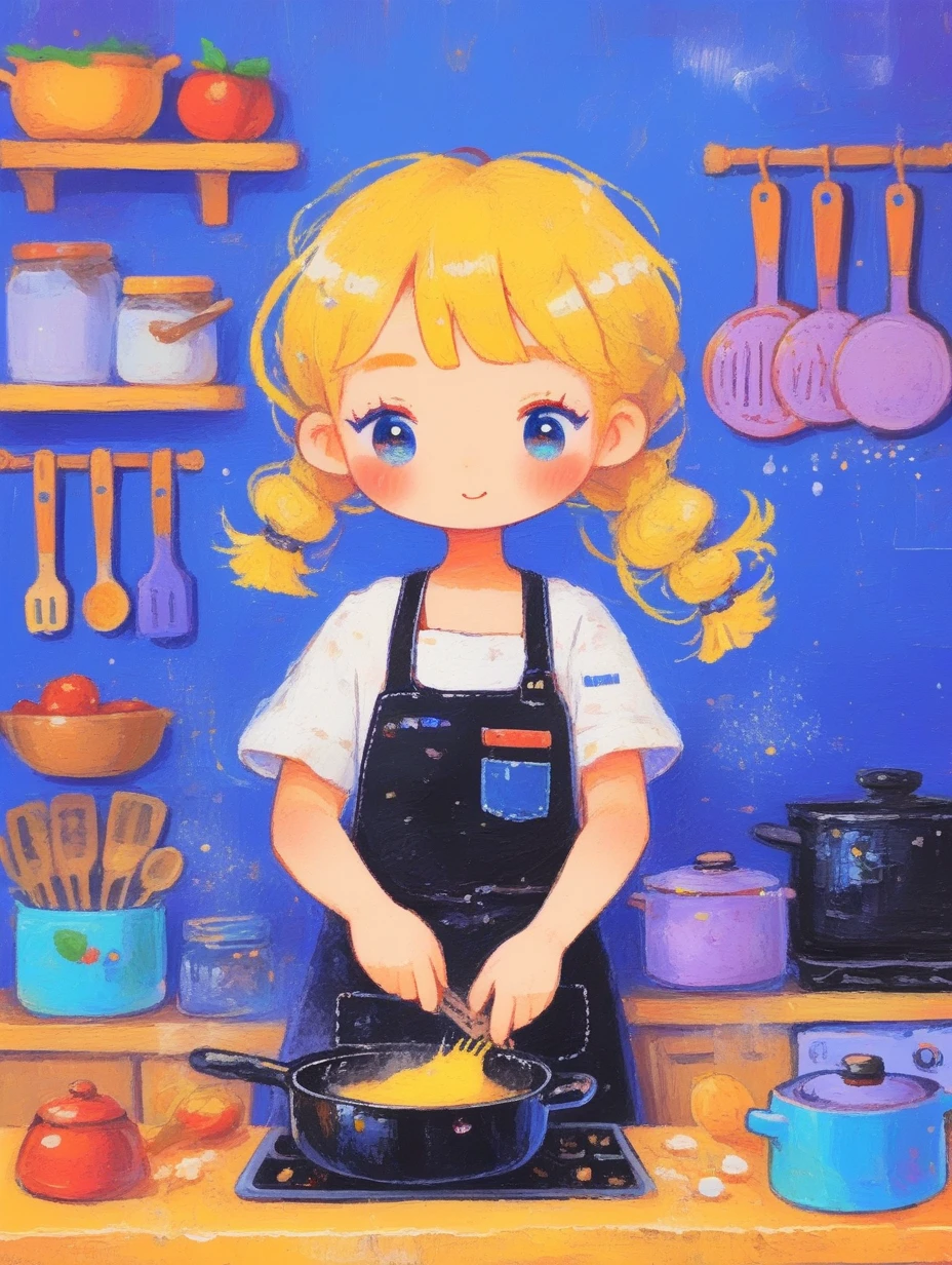 A cute girl with yellow hair,cooking in the kitchen in an apron,<lora:J_oil_pastels:0.8>,j_fantasy,