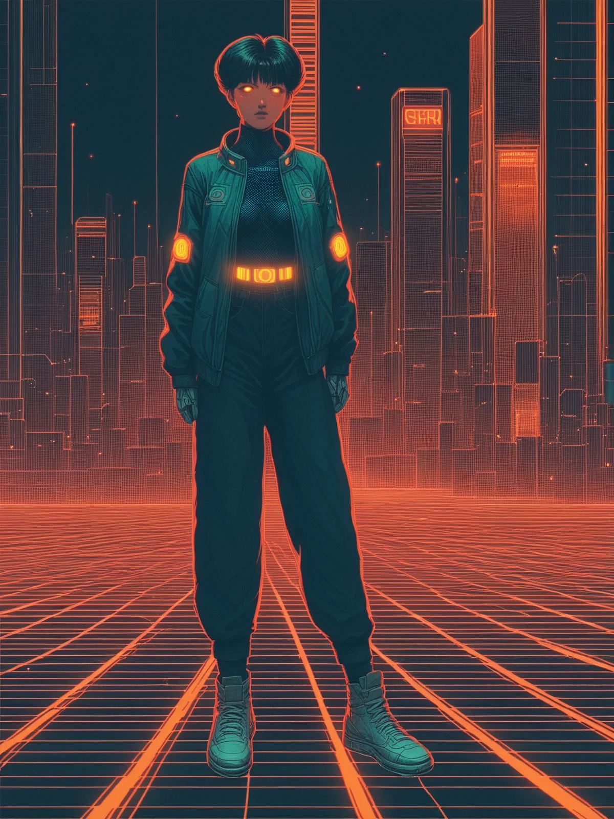 score_9, score_8_up, score_7_up, source_anime, woman, orange glowing outlines, grid, cyberpunk, 1980s, retro, scifi, city <lora:Neon_Cyberpunk_Cyberspace_Pony:0.5>
