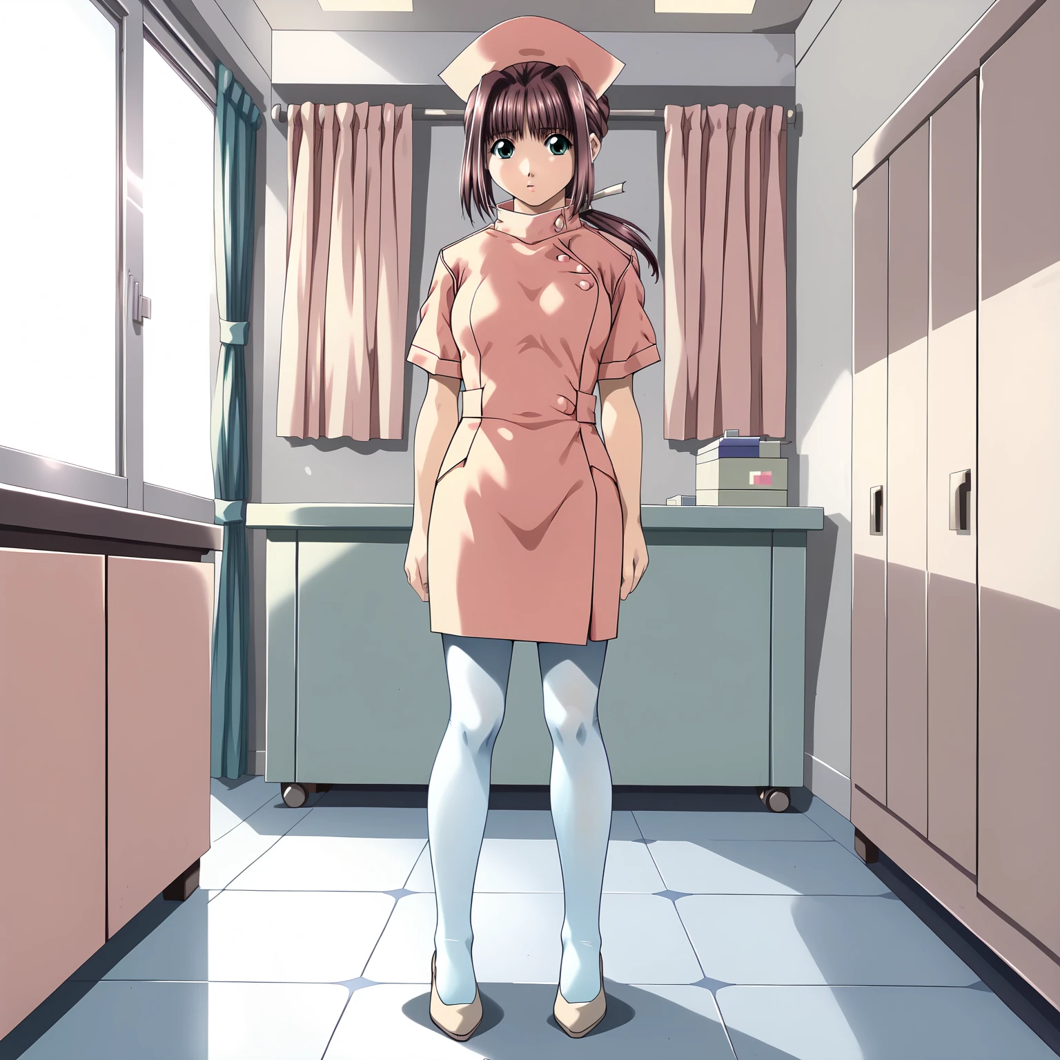 <lora:RenNanaseXLpony009>,
solo,
RenNanase,1girl,brown_hair,single_hair_bun,low_ponytail,aqua_eyes,
nurse_cap,nurse,
white pantyhose,
full body,standing,